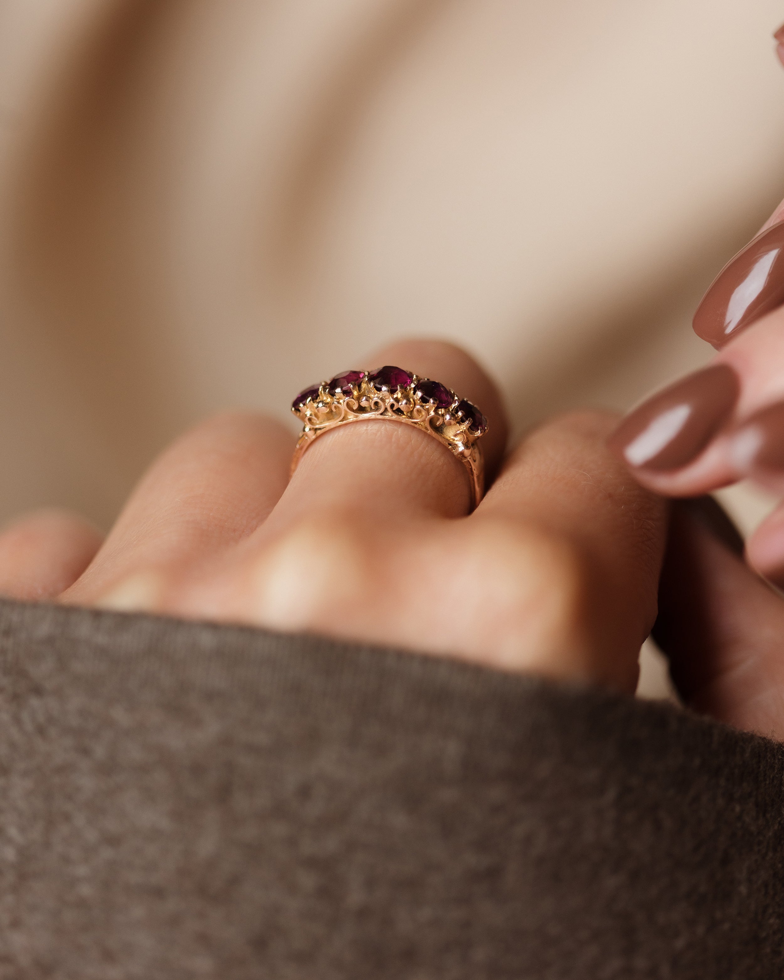 Euphemia 1873 Antique 15ct Gold Almandine Garnet Five Stone Ring