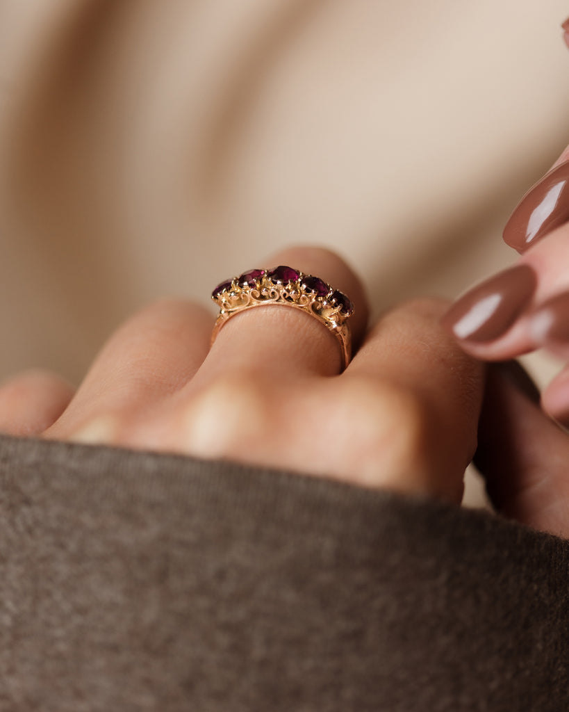 Euphemia 1873 Antique 15ct Gold Almandine Garnet Five Stone Ring