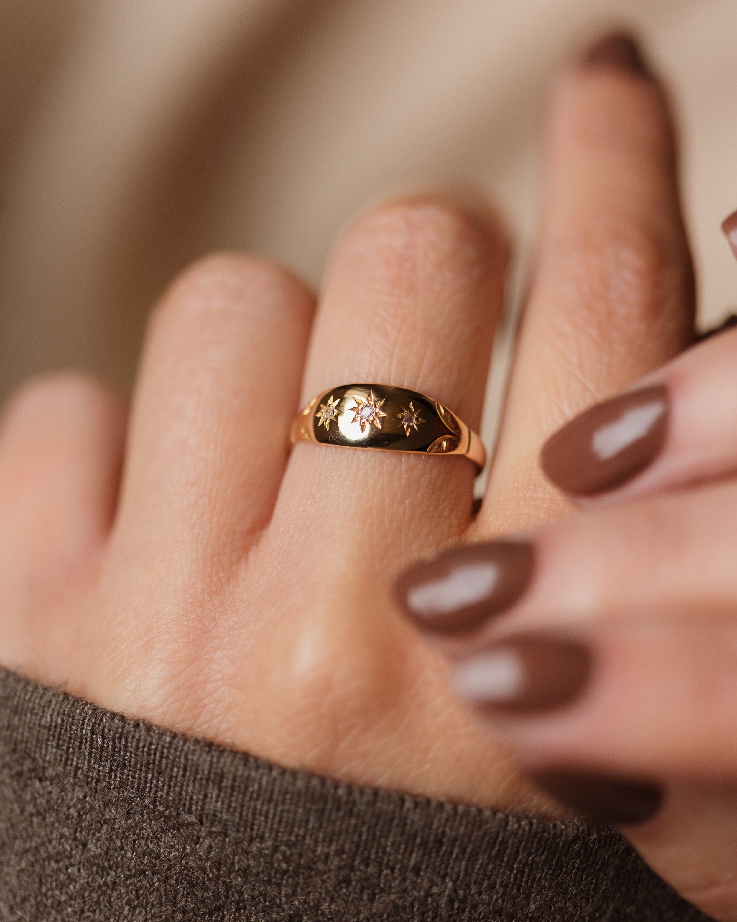 Image of Magnolia Antique 18ct Gold Star Set Diamond Trilogy Ring