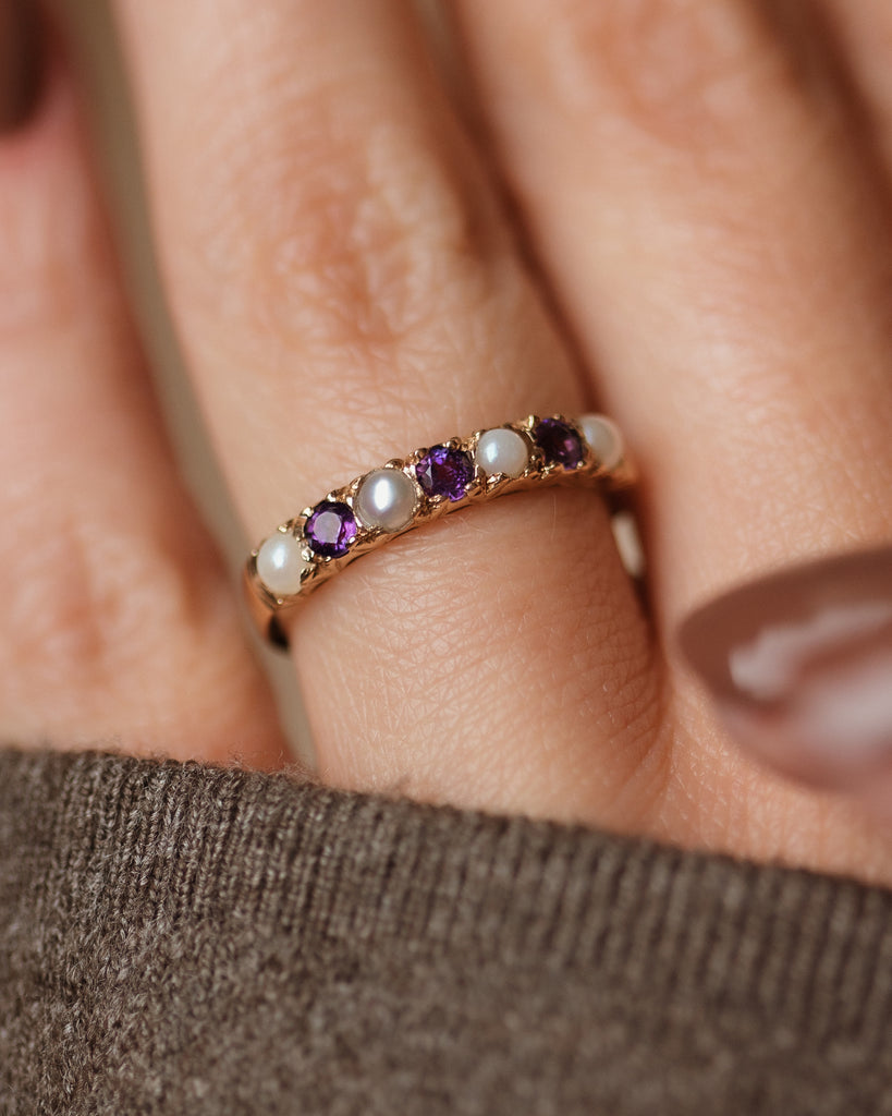 Leontine 1978 Vintage 9ct Gold Amethyst & Pearl Half Eternity Ring