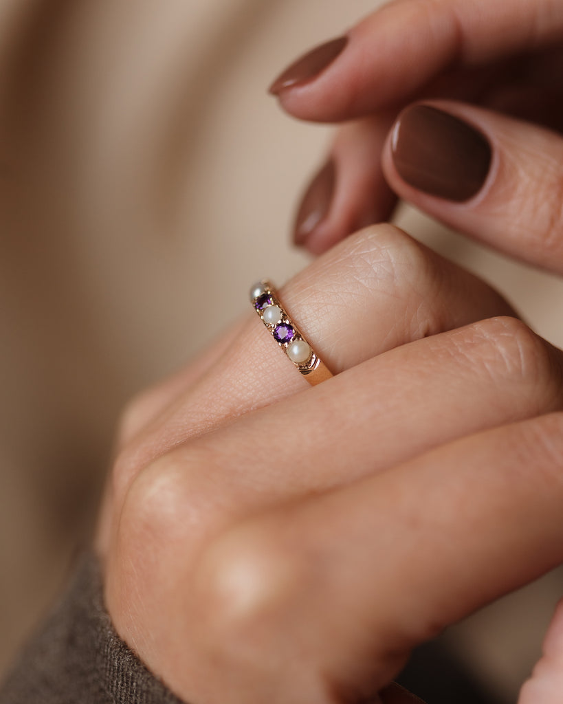Leontine 1978 Vintage 9ct Gold Amethyst & Pearl Half Eternity Ring