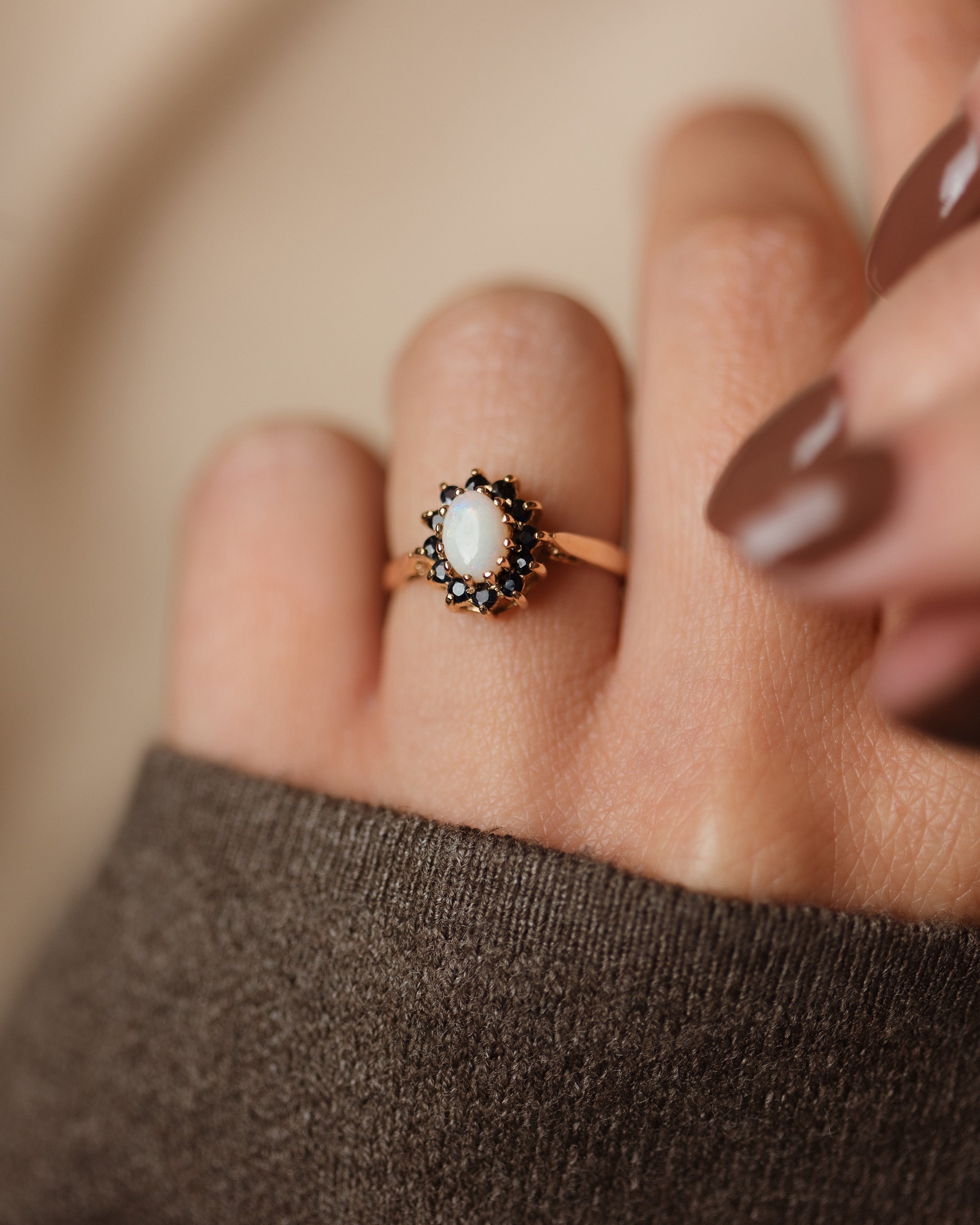 Image of Valeria 1980 Vintage 9ct Gold Opal & Sapphire Cluster Ring
