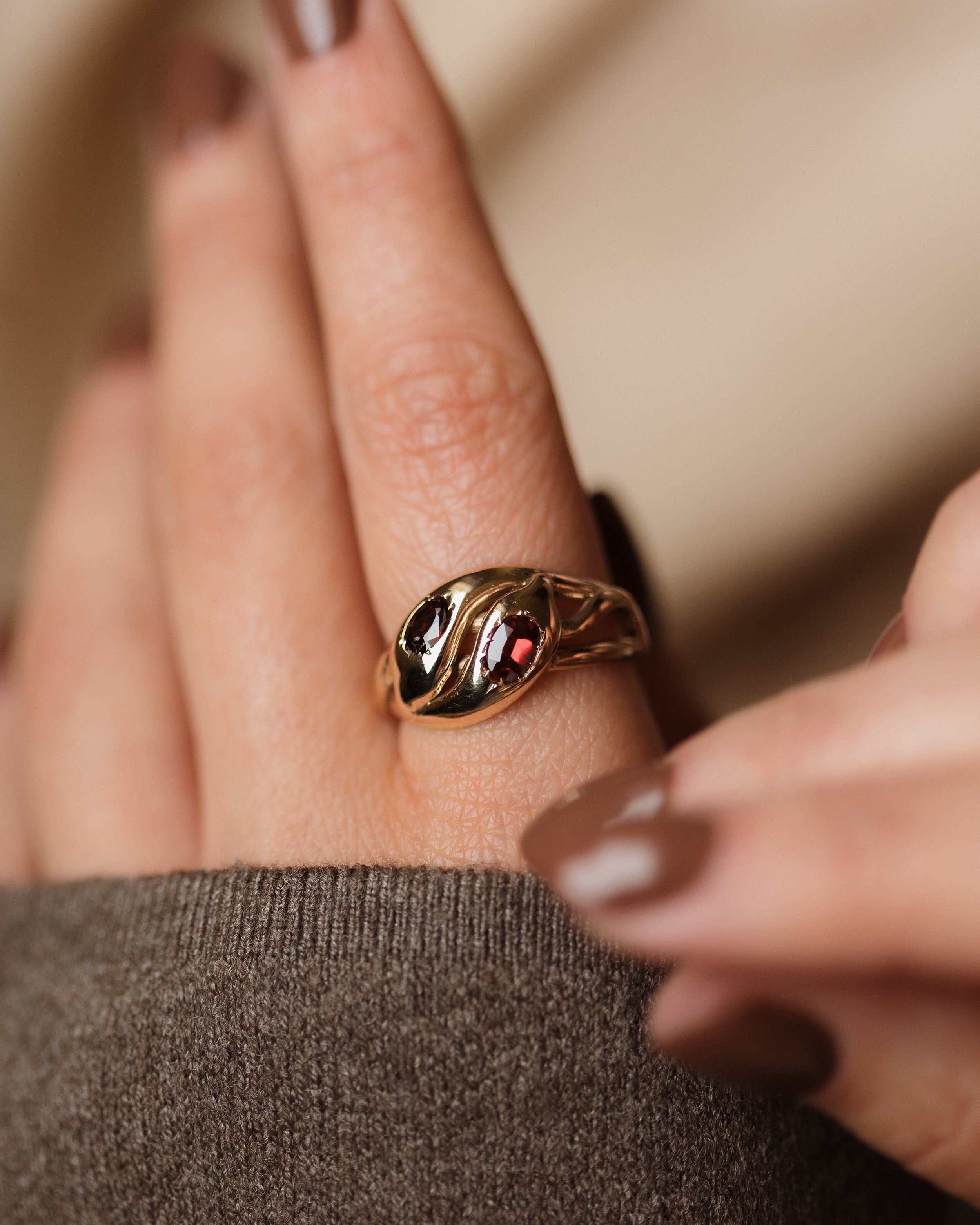 Myrtle 1864 Antique Victorian 9ct Gold Garnet Snake Ring