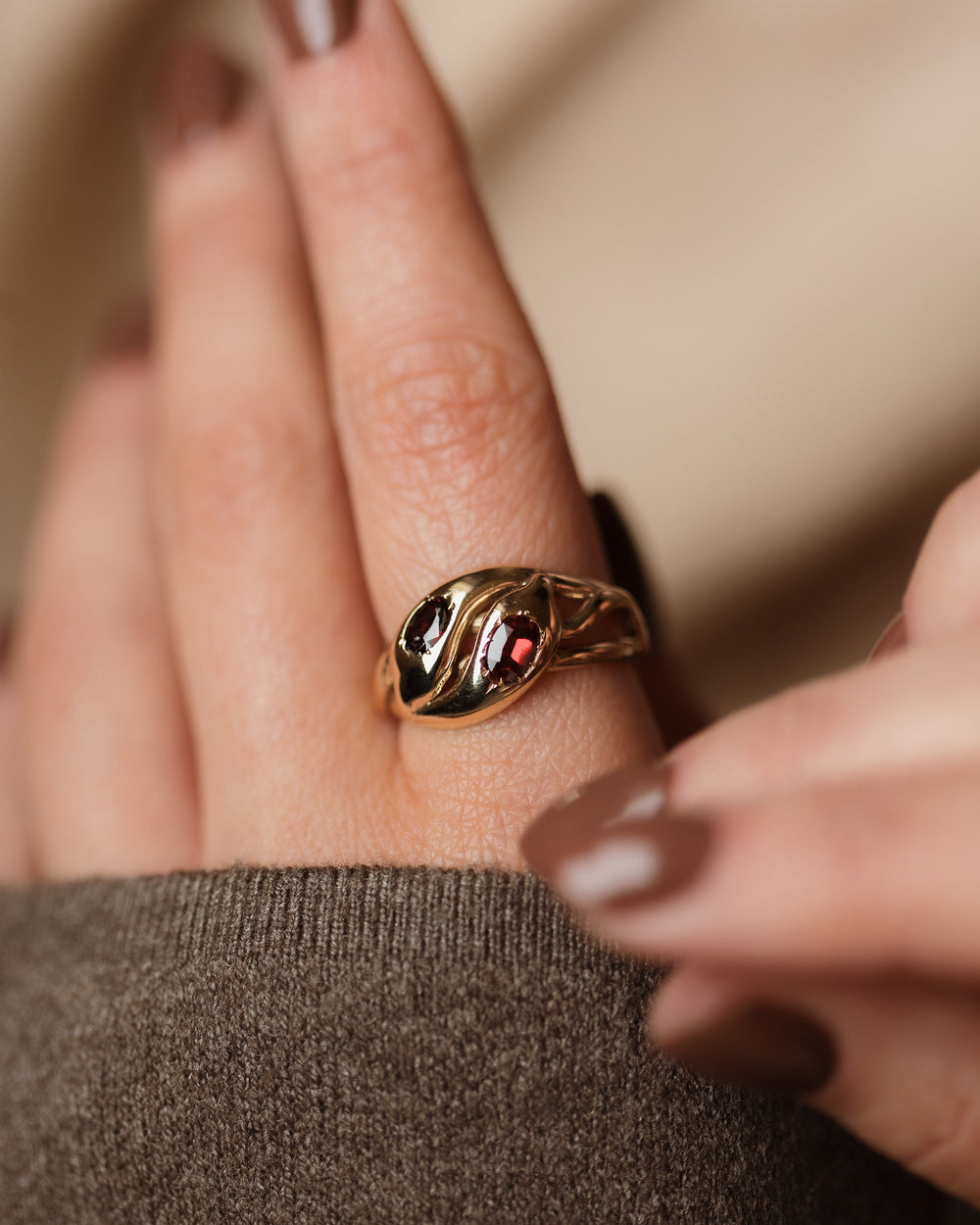 Myrtle 1864 Antique Victorian 9ct Gold Garnet Snake Ring