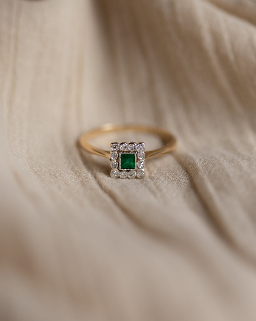 Inez Antique Art Deco 18ct Gold Emerald & Diamond Cluster Ring