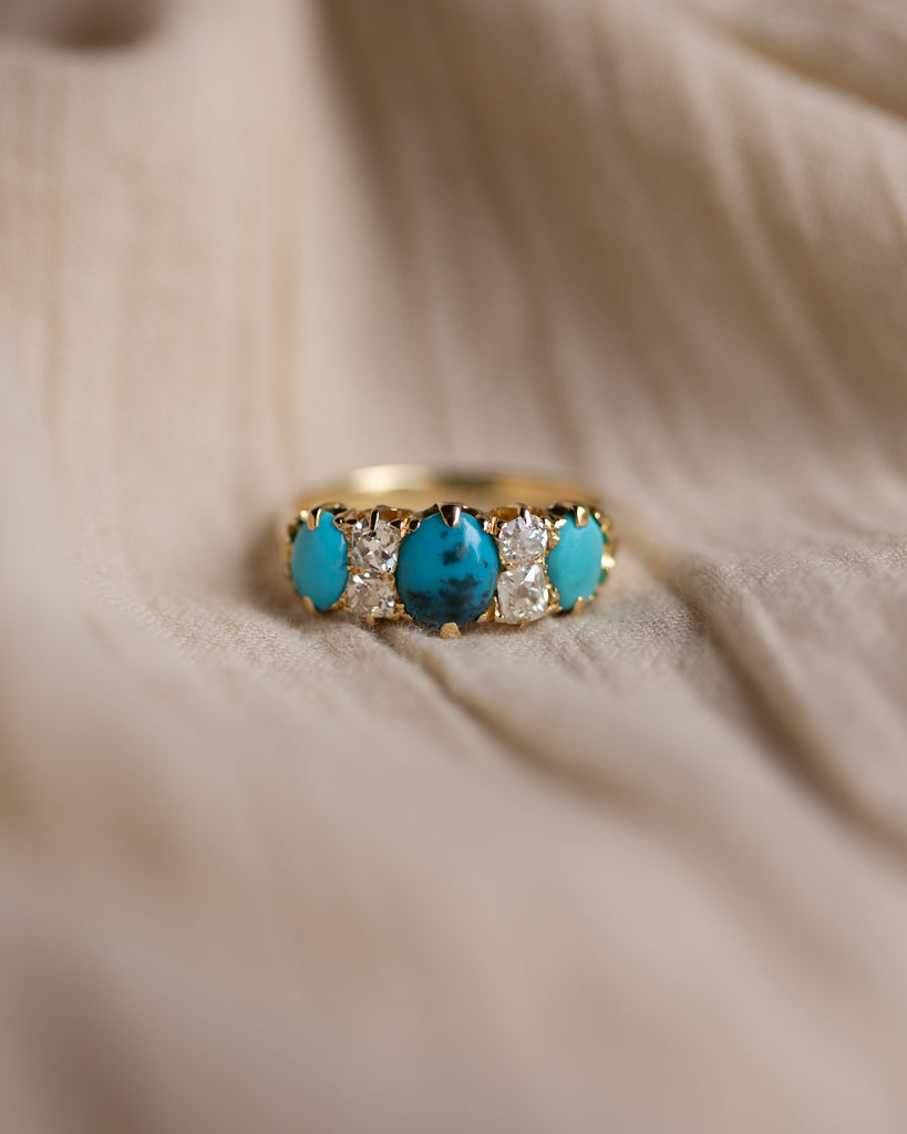 Freya Antique 18ct Gold Turquoise & Diamond Seven Stone Ring