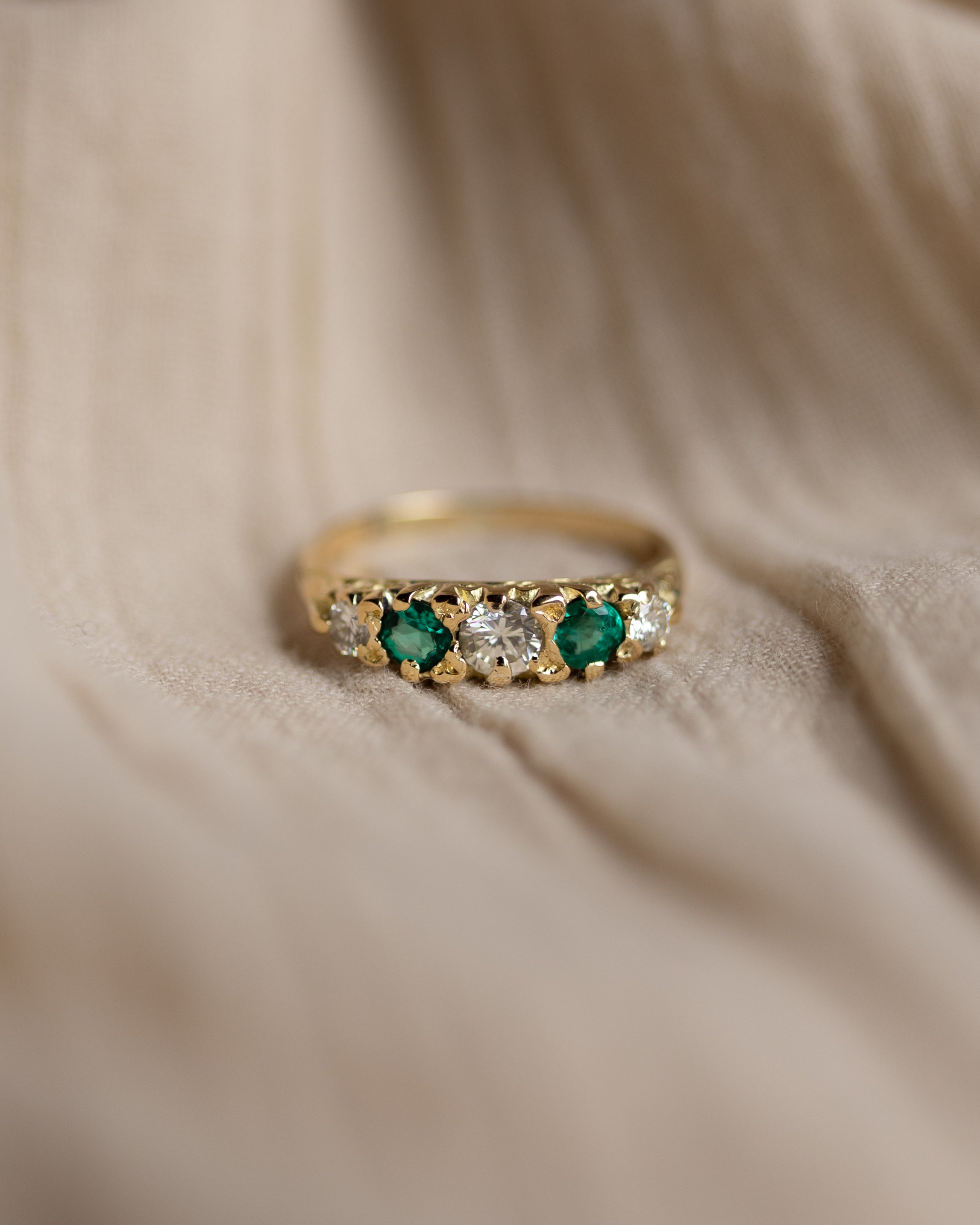 Clover Antique 18ct Gold Emerald & Diamond Five Stone Ring