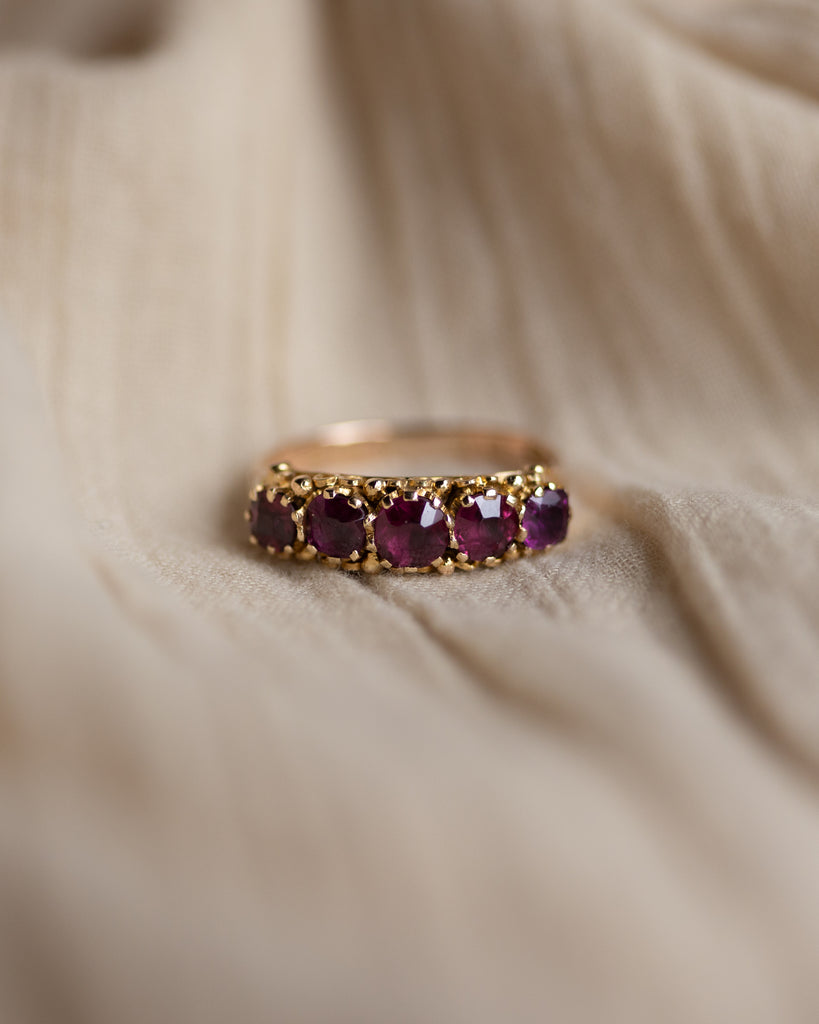 Euphemia 1873 Antique 15ct Gold Almandine Garnet Five Stone Ring