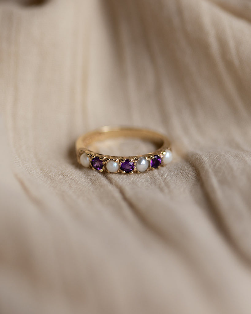 Leontine 1978 Vintage 9ct Gold Amethyst & Pearl Half Eternity Ring