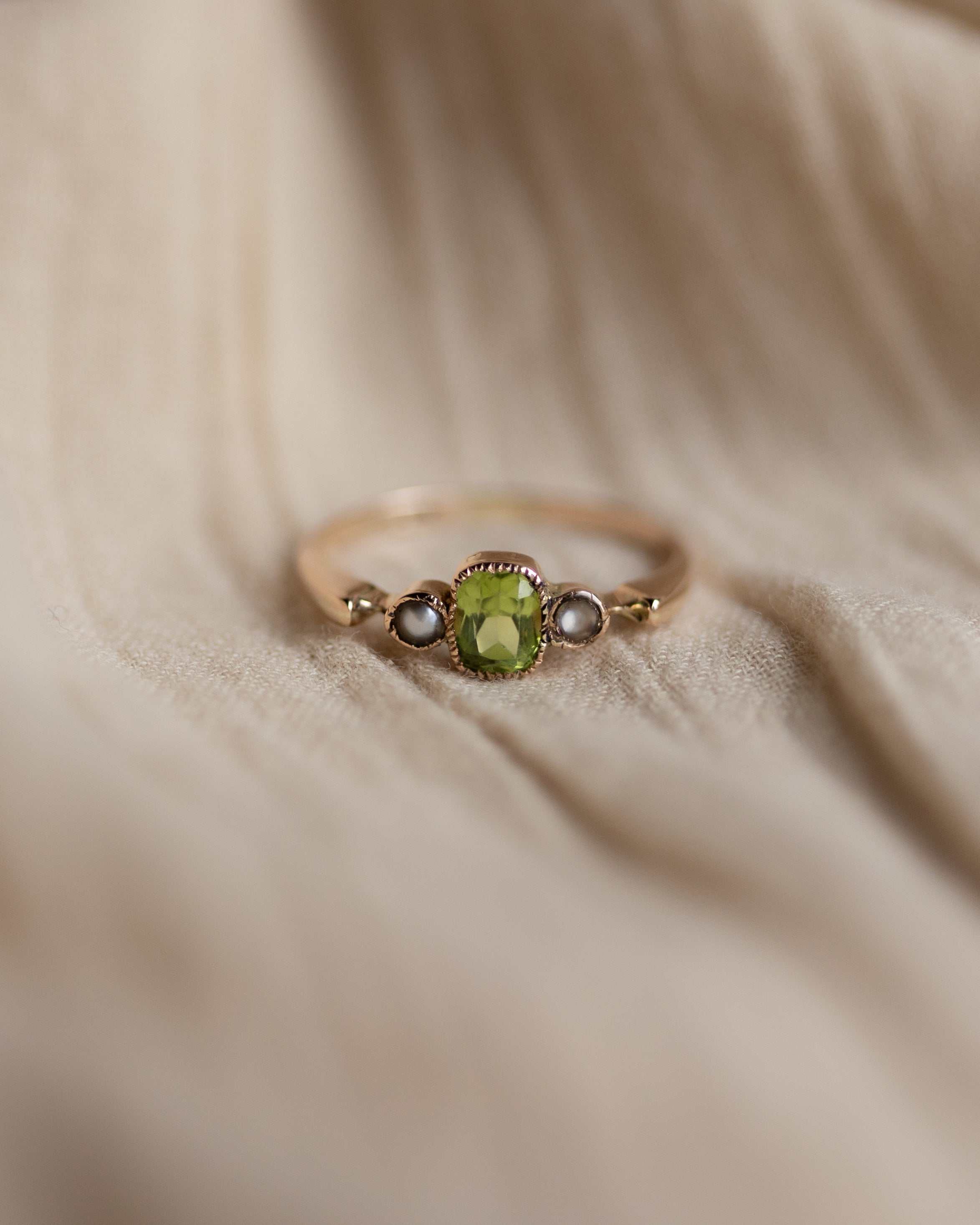 Madeline 1910 Antique 9ct Gold Peridot & Pearl Trilogy Ring