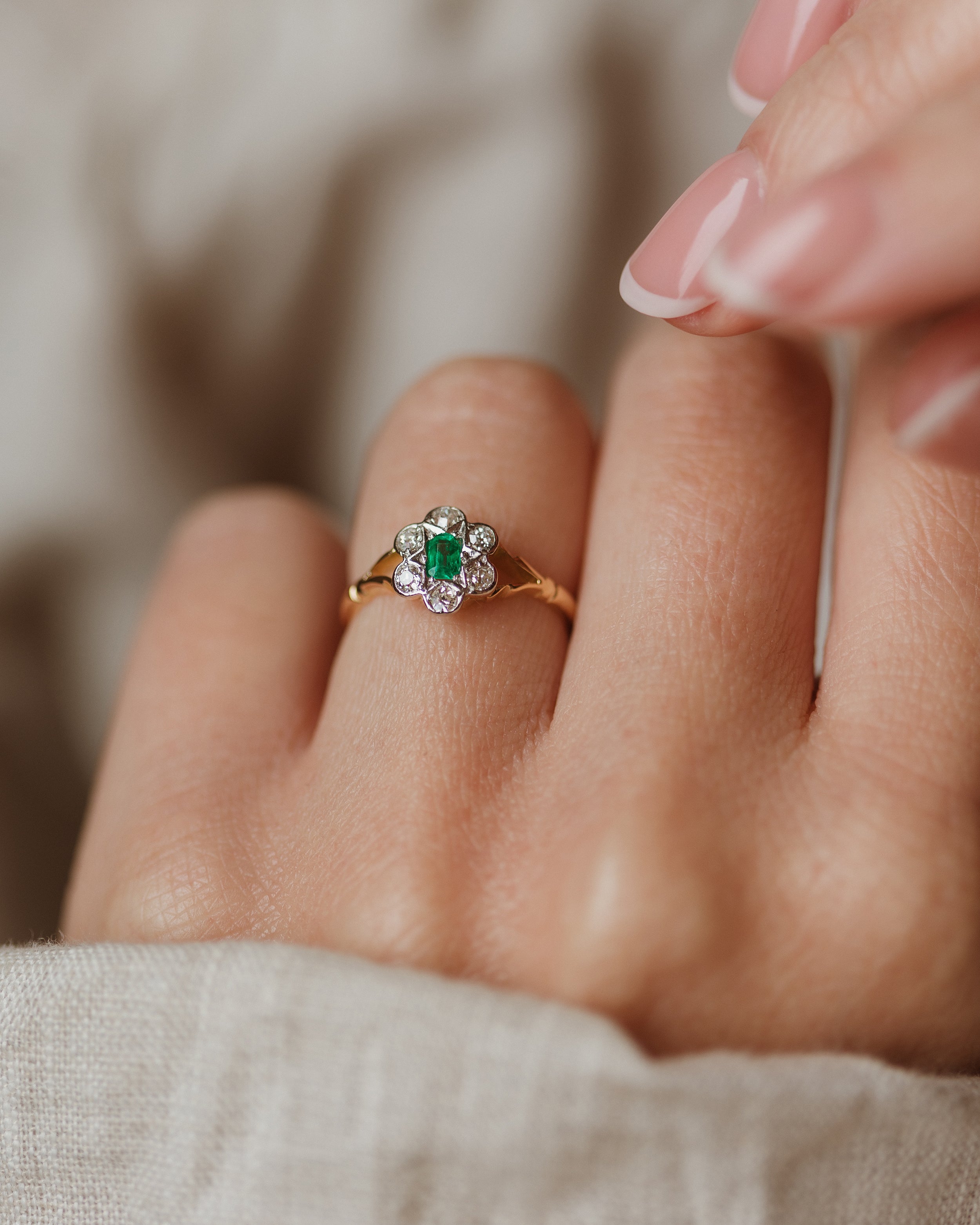 Eleanor Antique 14ct Gold Emerald & Diamond Cluster Ring