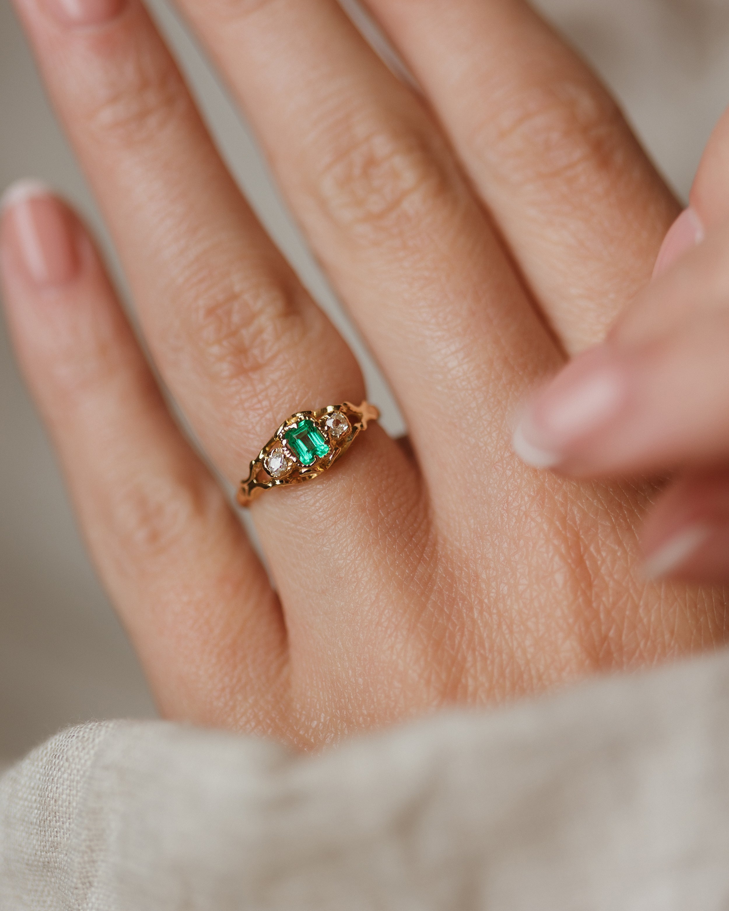 Odette Antique Victorian 18ct Gold Emerald & Diamond Trilogy Ring