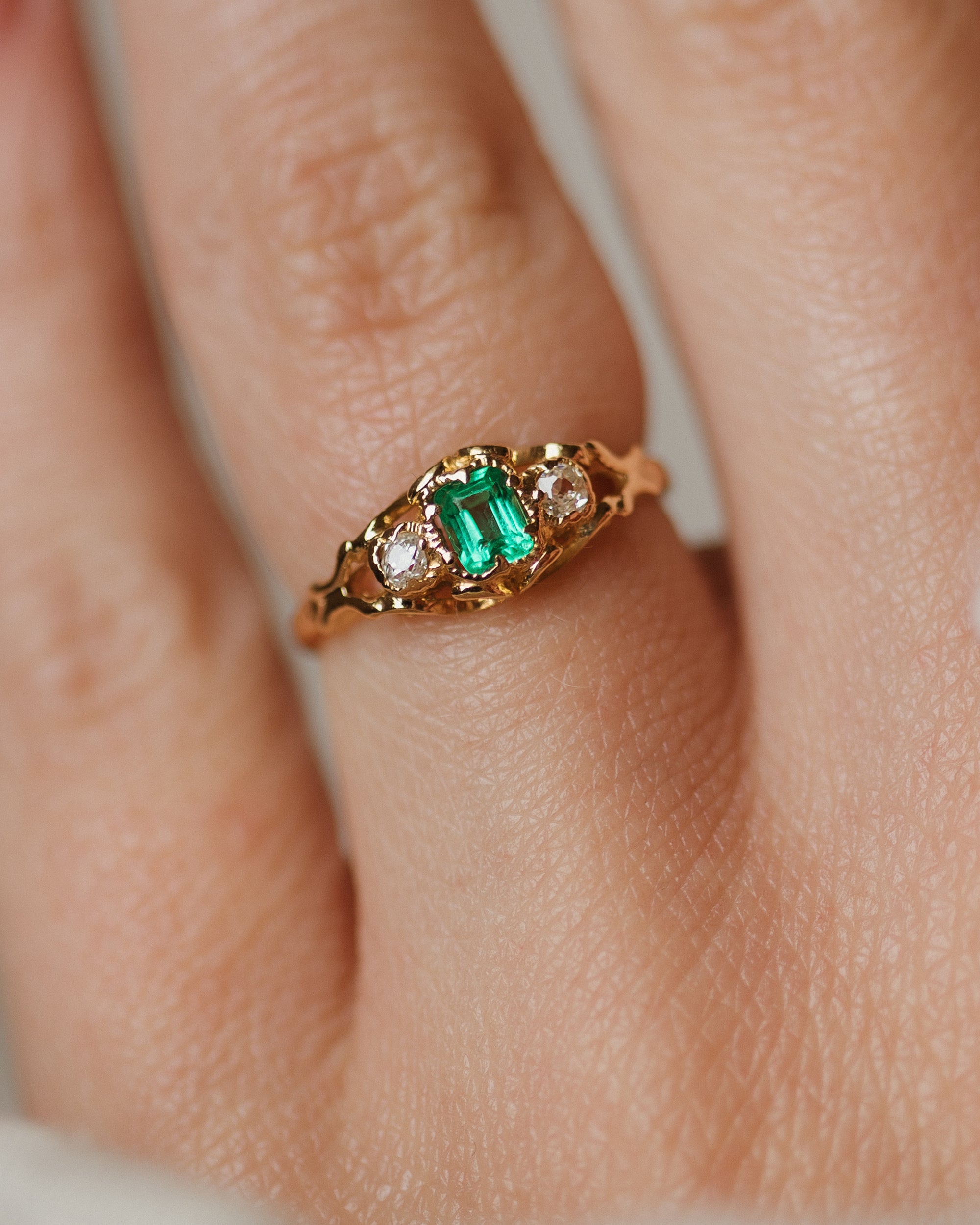 Odette Antique Victorian 18ct Gold Emerald & Diamond Trilogy Ring