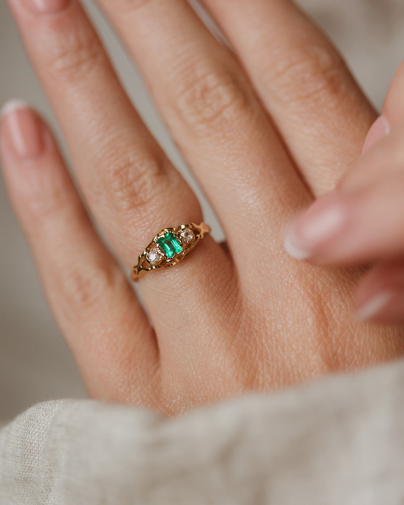 Odette Antique Victorian 18ct Gold Emerald & Diamond Trilogy Ring