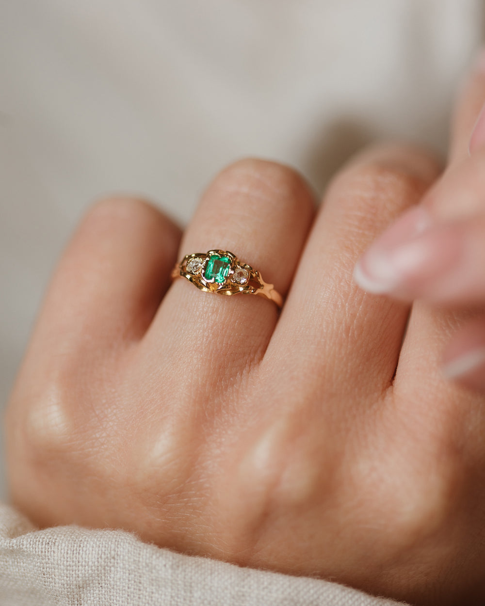 Odette Antique Victorian 18ct Gold Emerald & Diamond Trilogy Ring