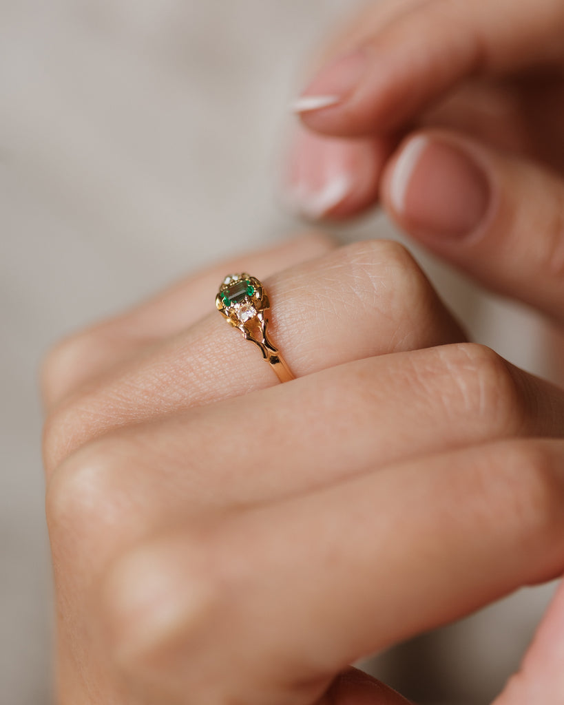 Odette Antique Victorian 18ct Gold Emerald & Diamond Trilogy Ring