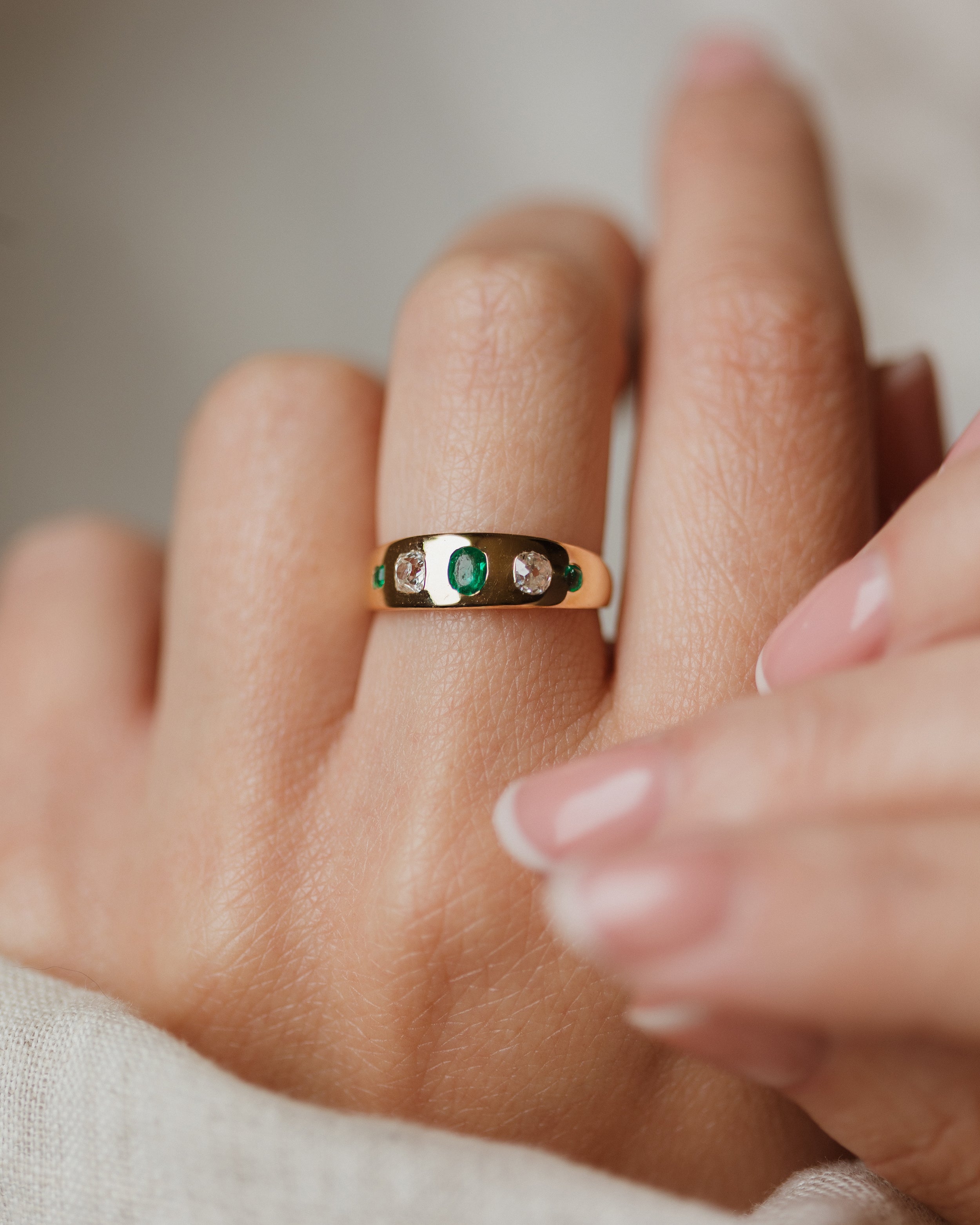 Image of Marguerite Antique 18ct Gold Emerald & Diamond Five Stone Ring
