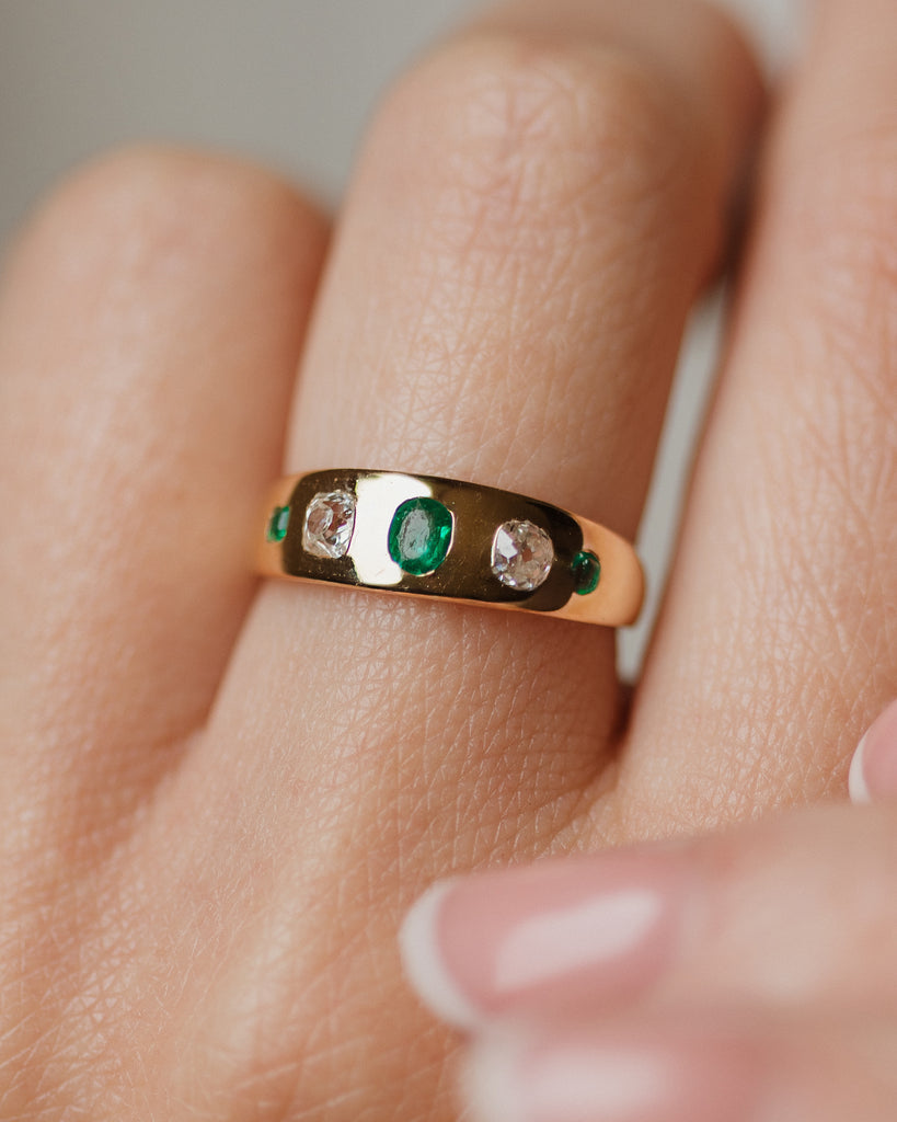Marguerite Antique 18ct Gold Emerald & Diamond Five Stone Ring