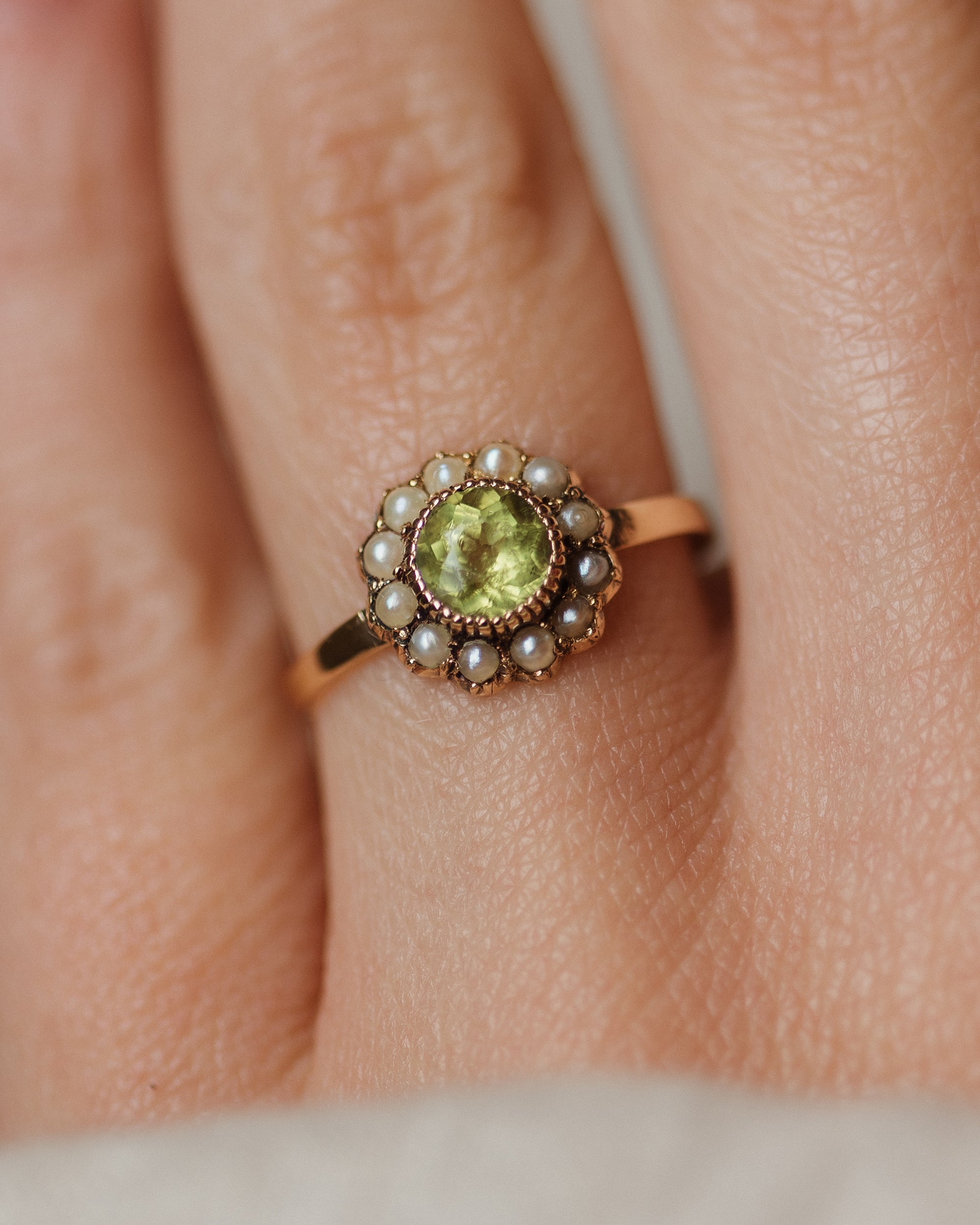 Arlette Antique 15ct Gold Peridot & Pearl Cluster Ring