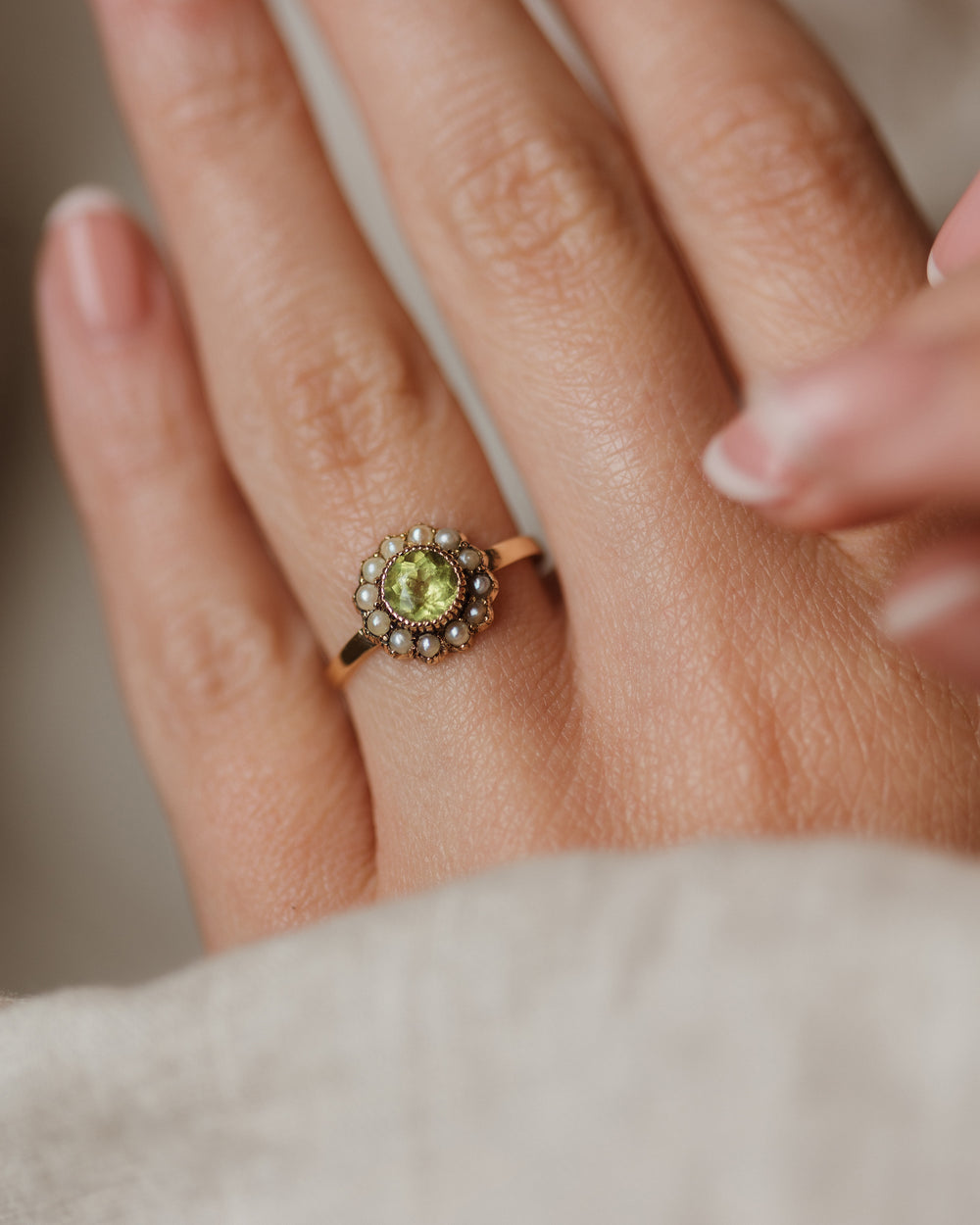 Arlette Antique 15ct Gold Peridot & Pearl Cluster Ring