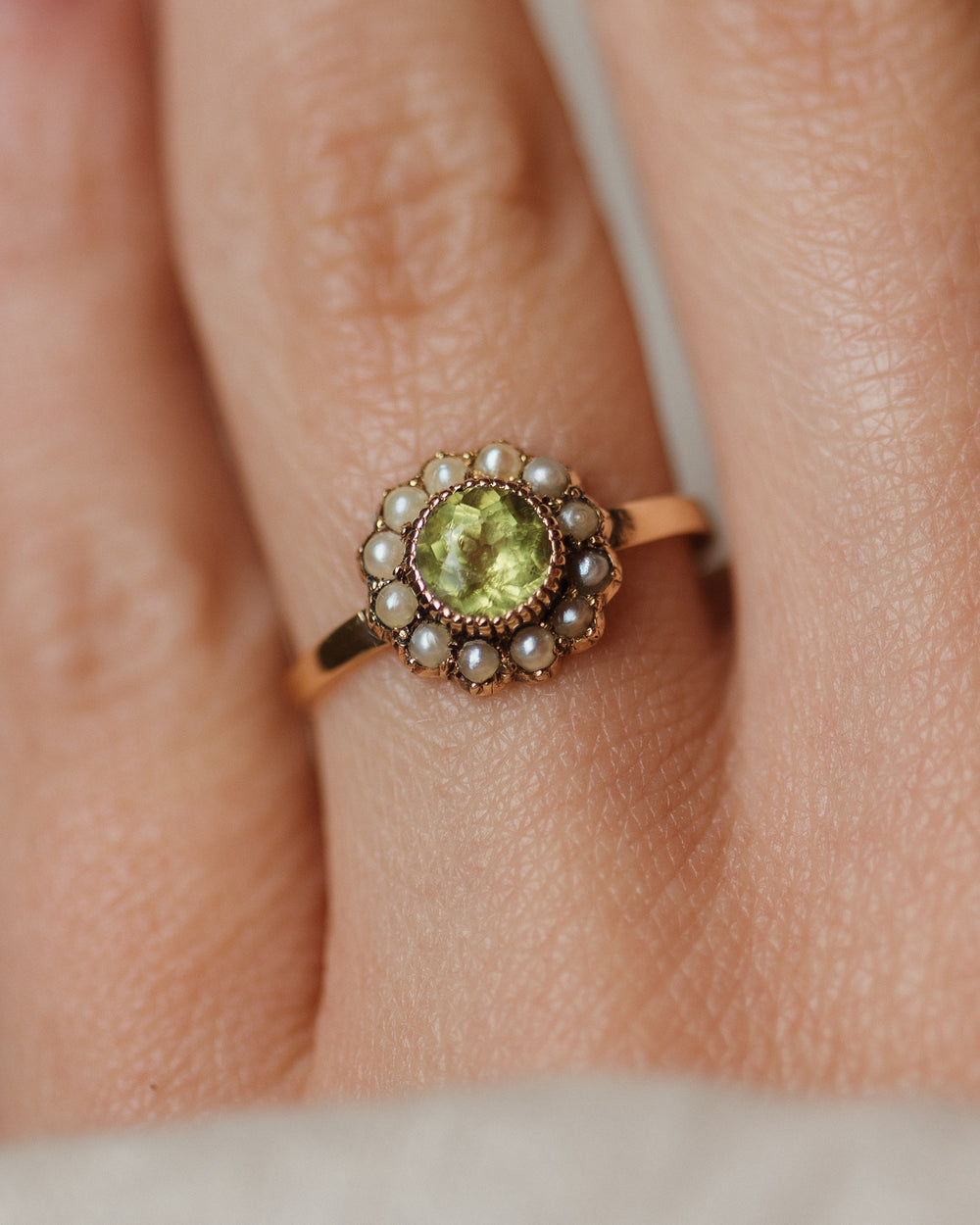 Arlette Antique 15ct Gold Peridot & Pearl Cluster Ring