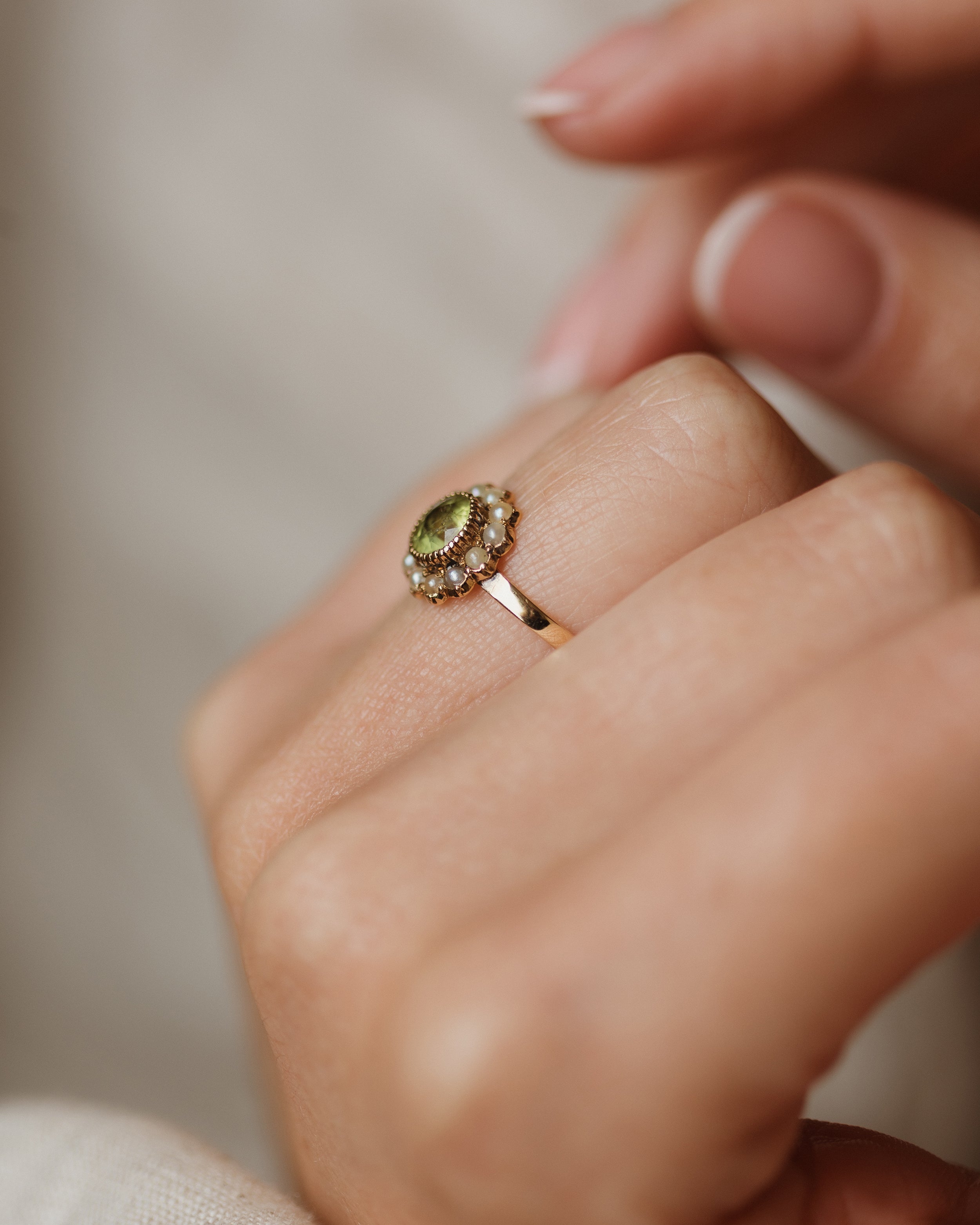 Arlette Antique 15ct Gold Peridot & Pearl Cluster Ring