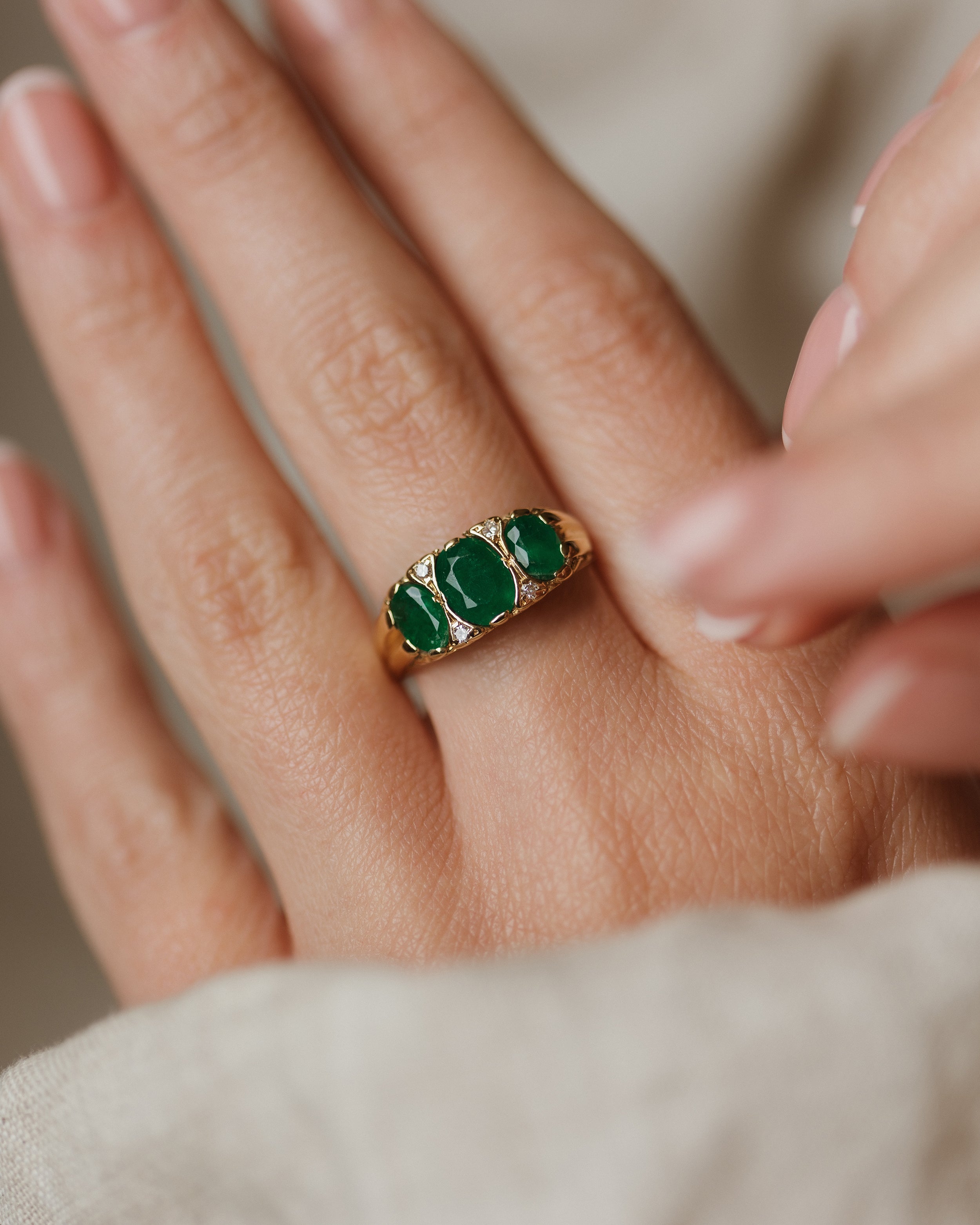 Image of Constance 1976 Vintage 18ct Gold Emerald & Diamond Ring