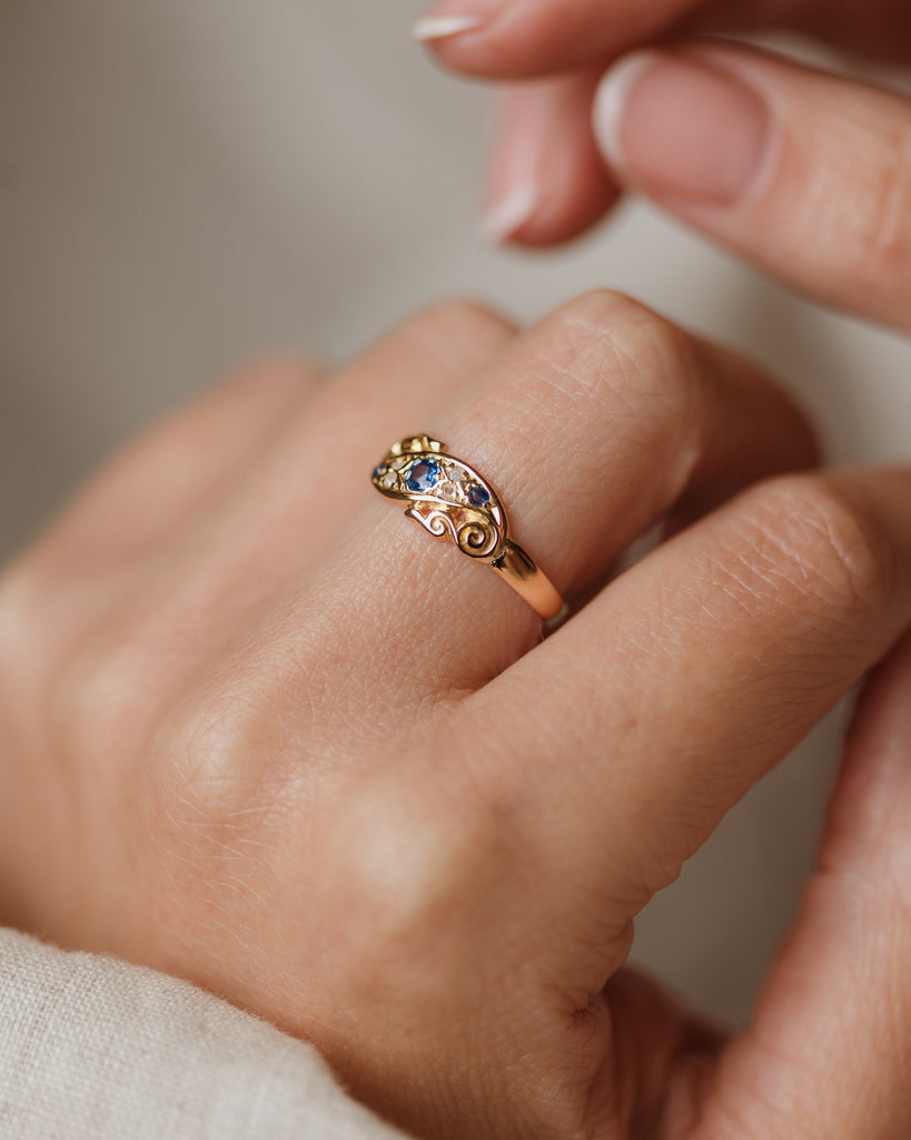 Renée 1904 Antique 18ct Gold Sapphire & Diamond Seven Stone Ring