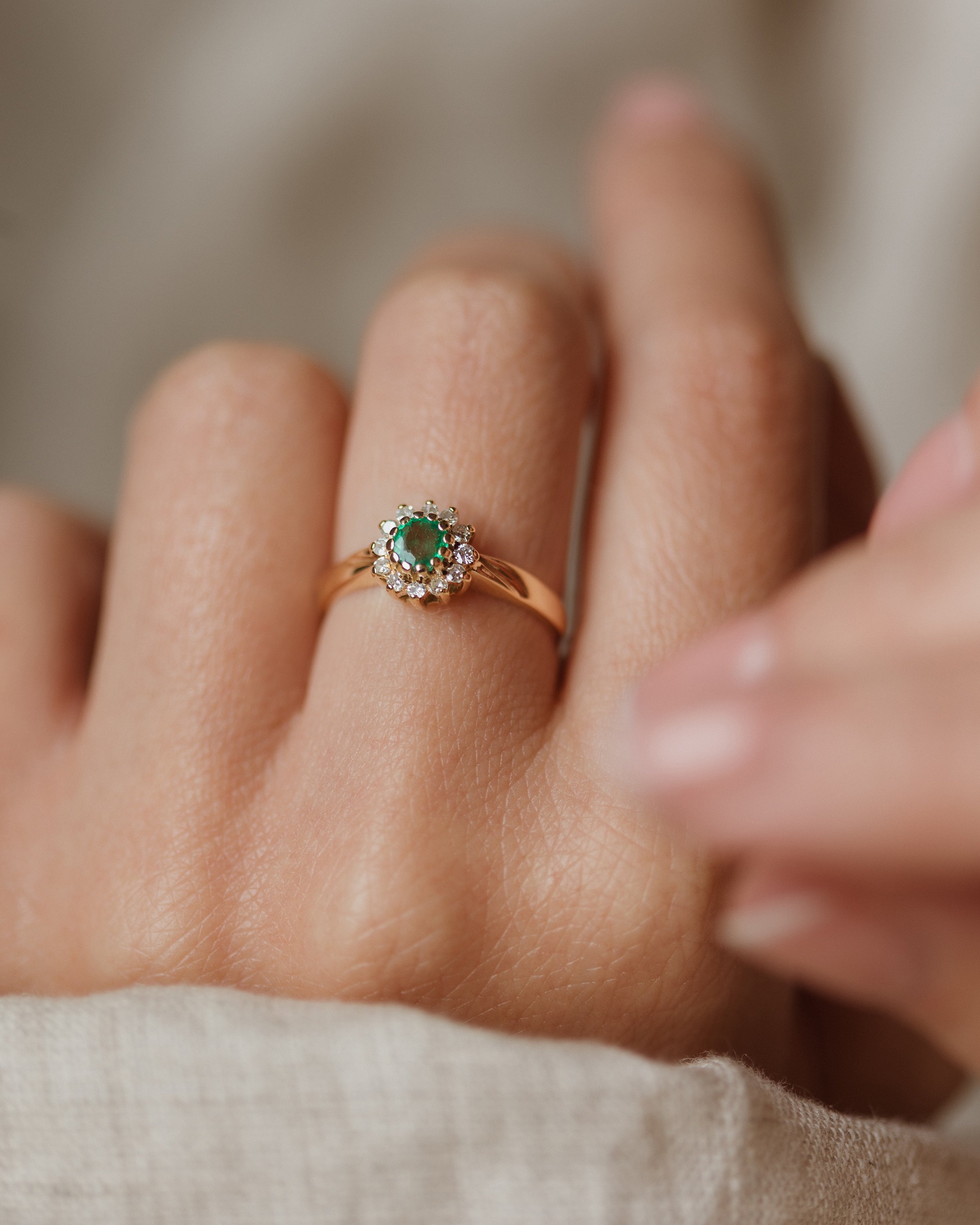 Image of Mireille Vintage 9ct Gold Emerald & Diamond Cluster Ring