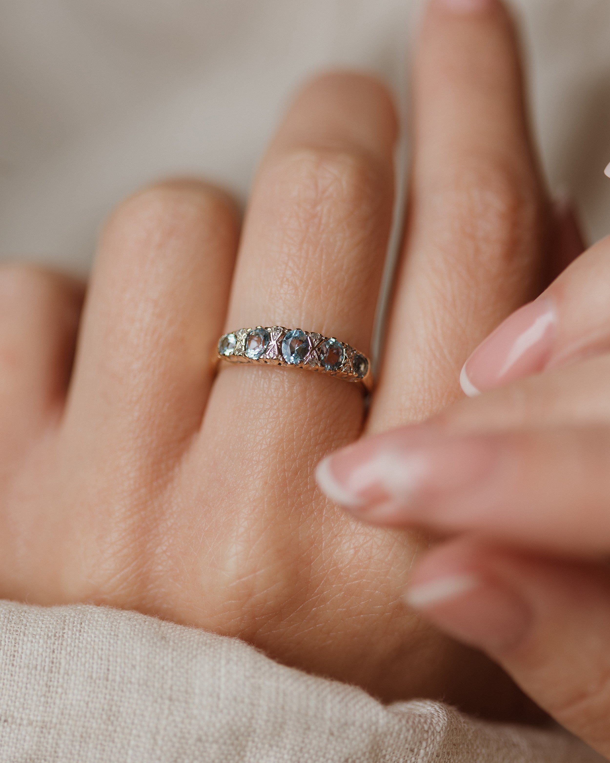 Image of Celestine Vintage 9ct Gold Aquamarine & Diamond Half Hoop Ring