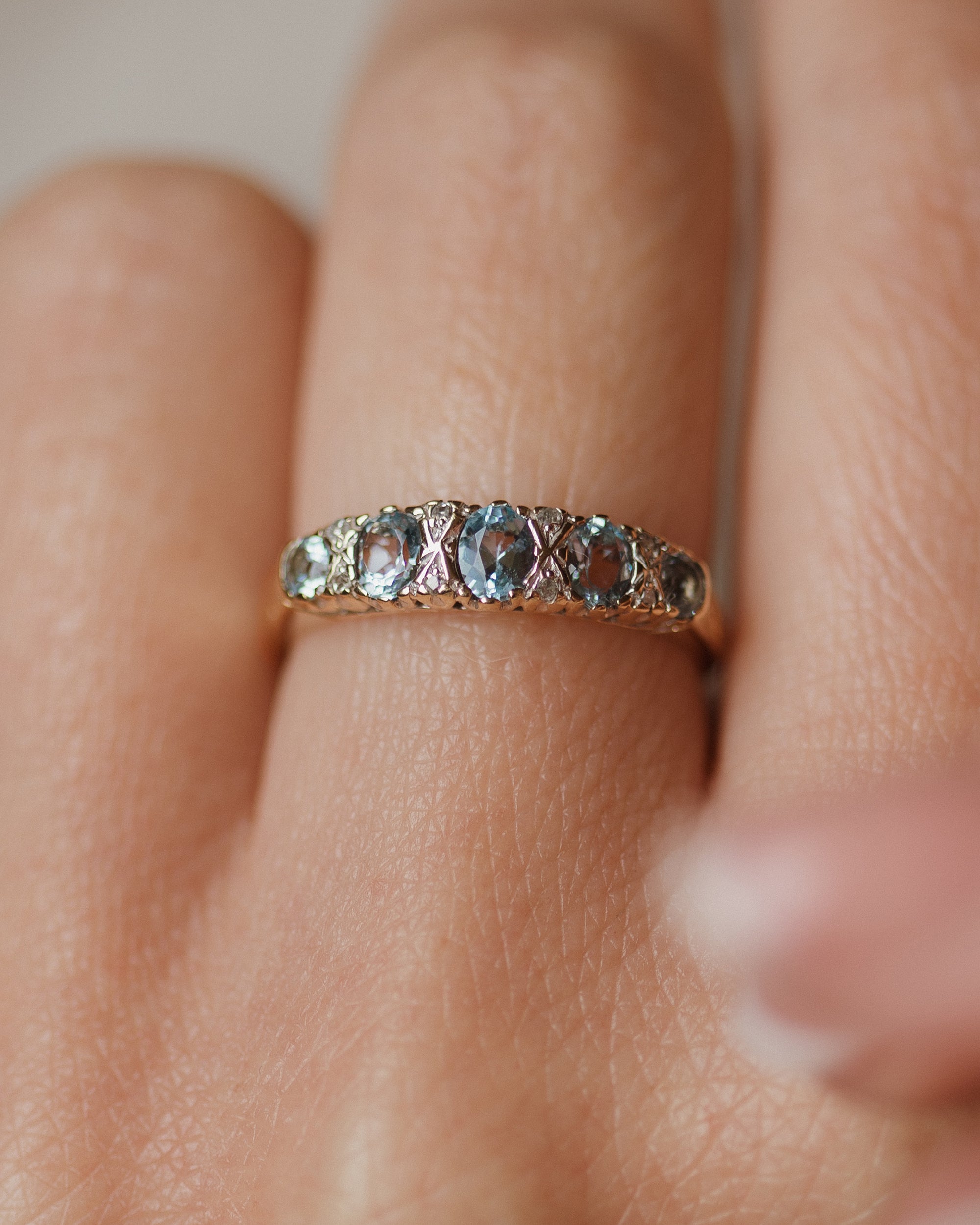 Celestine Vintage 9ct Gold Aquamarine & Diamond Half Hoop Ring