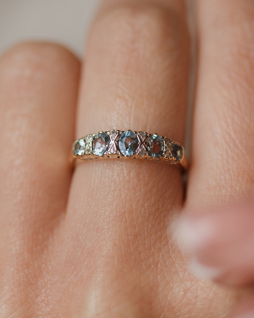 Celestine Vintage 9ct Gold Aquamarine & Diamond Half Hoop Ring