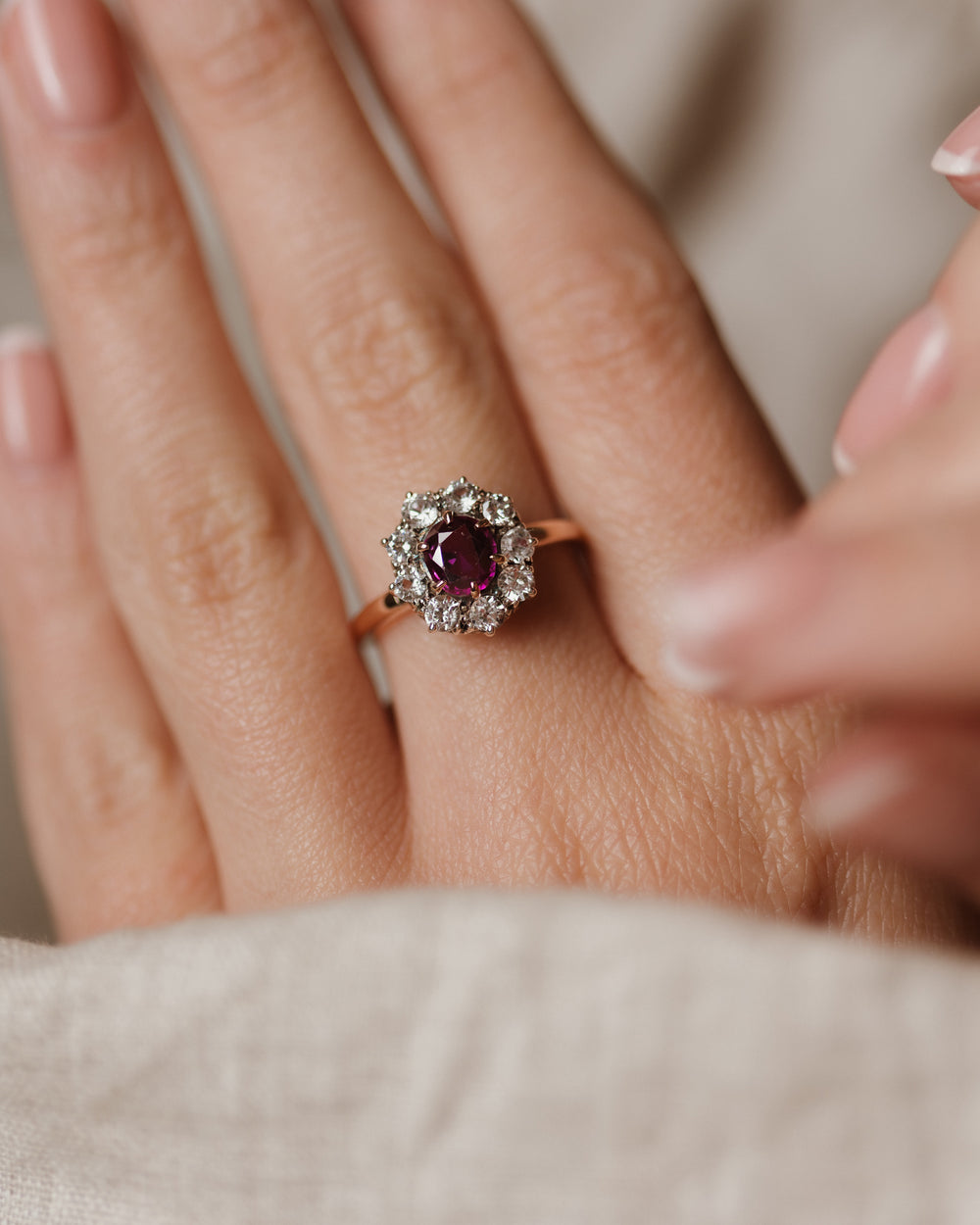 Patricia Antique 15ct Gold Ruby & White Sapphire Cluster Ring