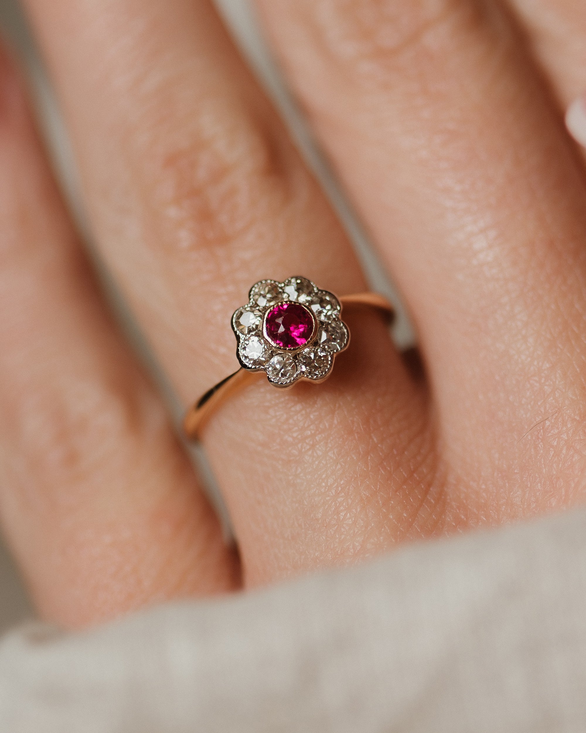 Elsie Antique 18ct Gold Ruby & Diamond Daisy Cluster Ring
