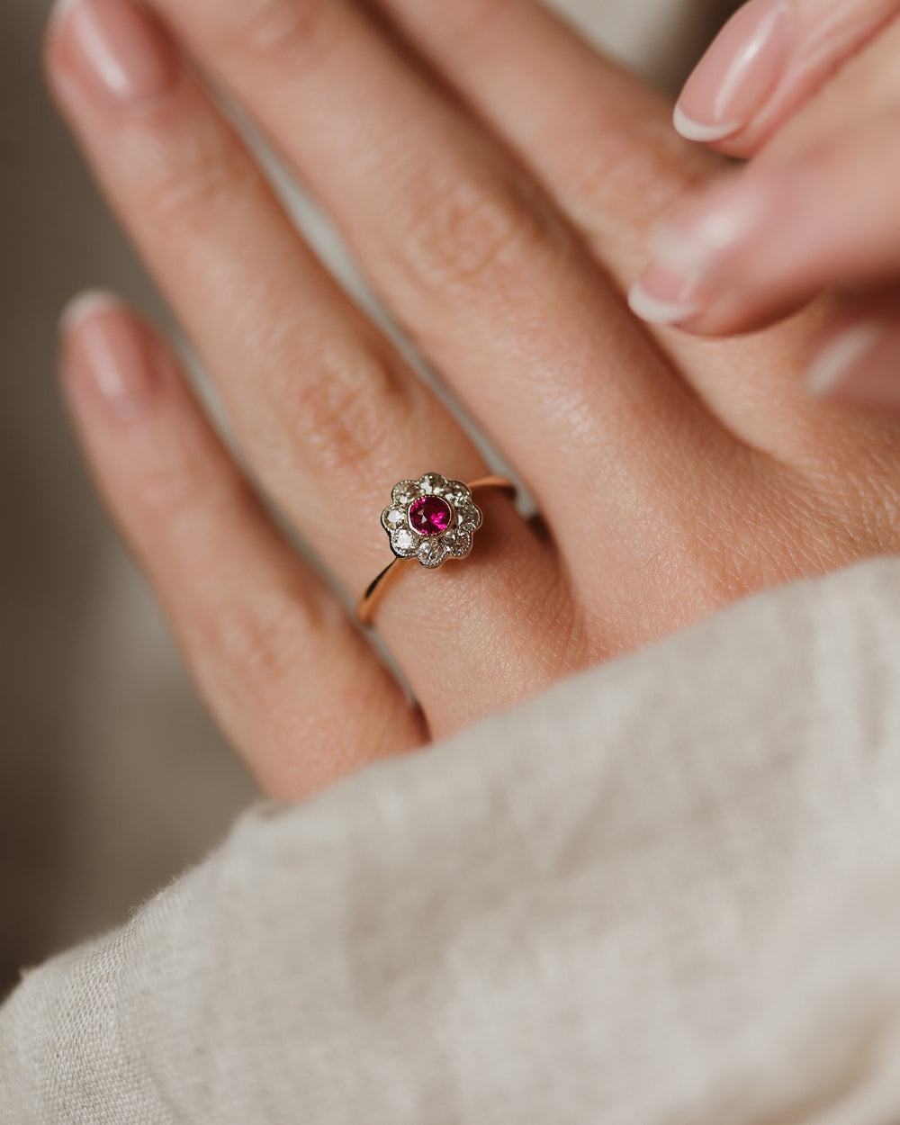 Elsie Antique 18ct Gold Ruby & Diamond Daisy Cluster Ring