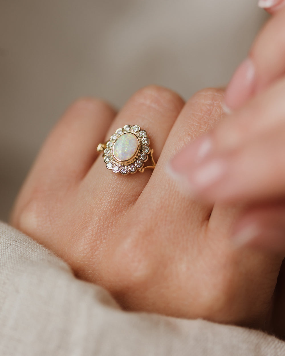 Charlotte 1994 Vintage 18ct Gold Opal & Diamond Cluster Ring