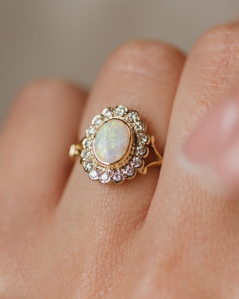 Charlotte 1994 Vintage 18ct Gold Opal & Diamond Cluster Ring