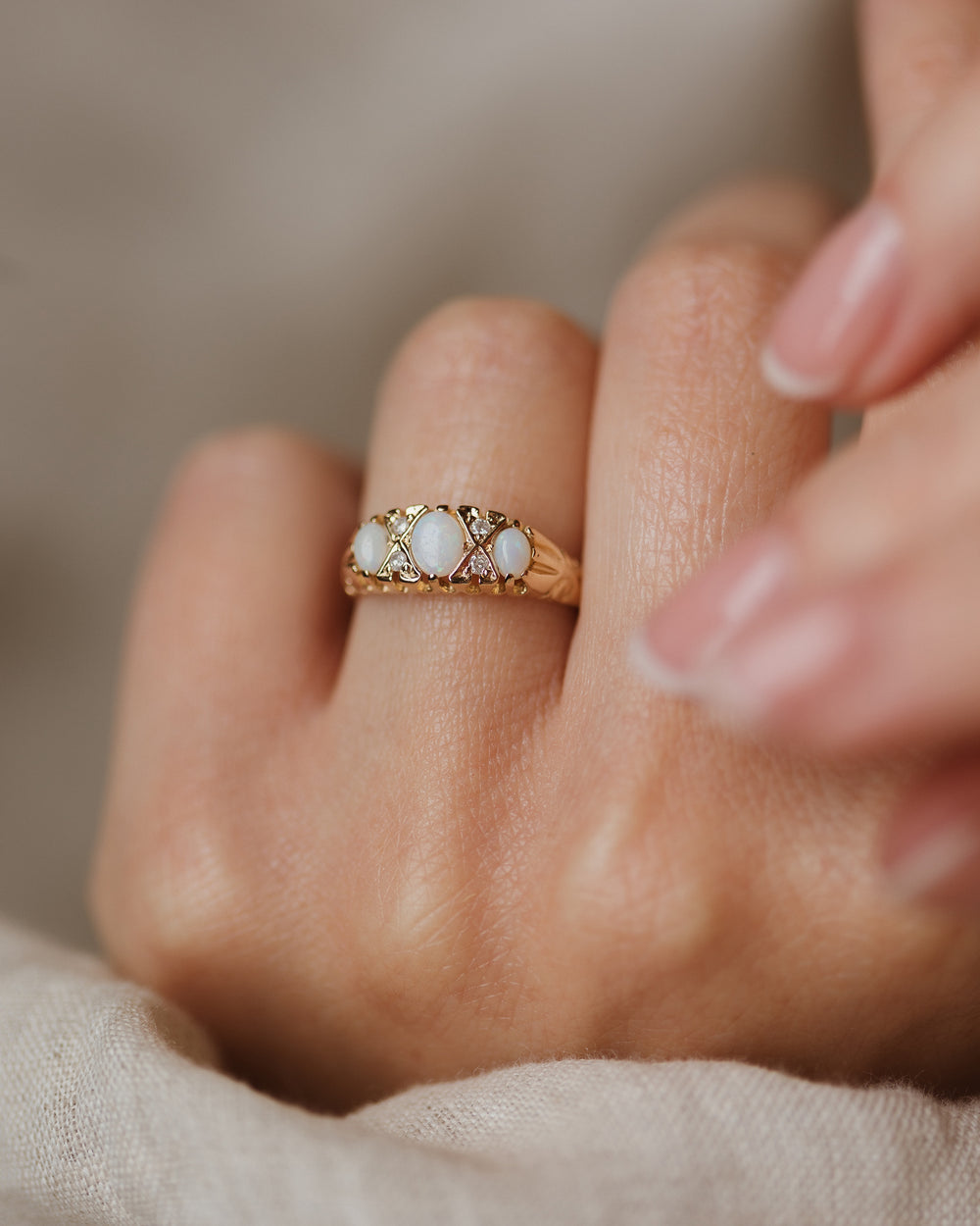 Jacqueline 1993 Vintage 9ct Gold Opal & Diamond Seven Stone Ring