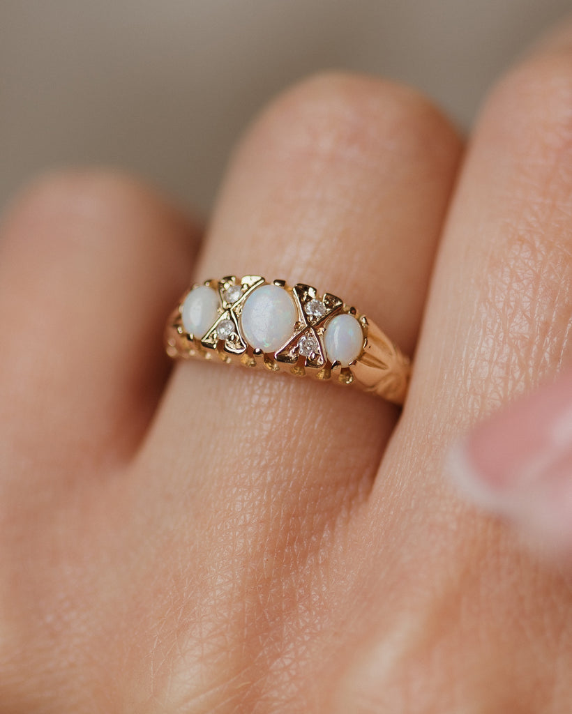 Jacqueline 1993 Vintage 9ct Gold Opal & Diamond Seven Stone Ring