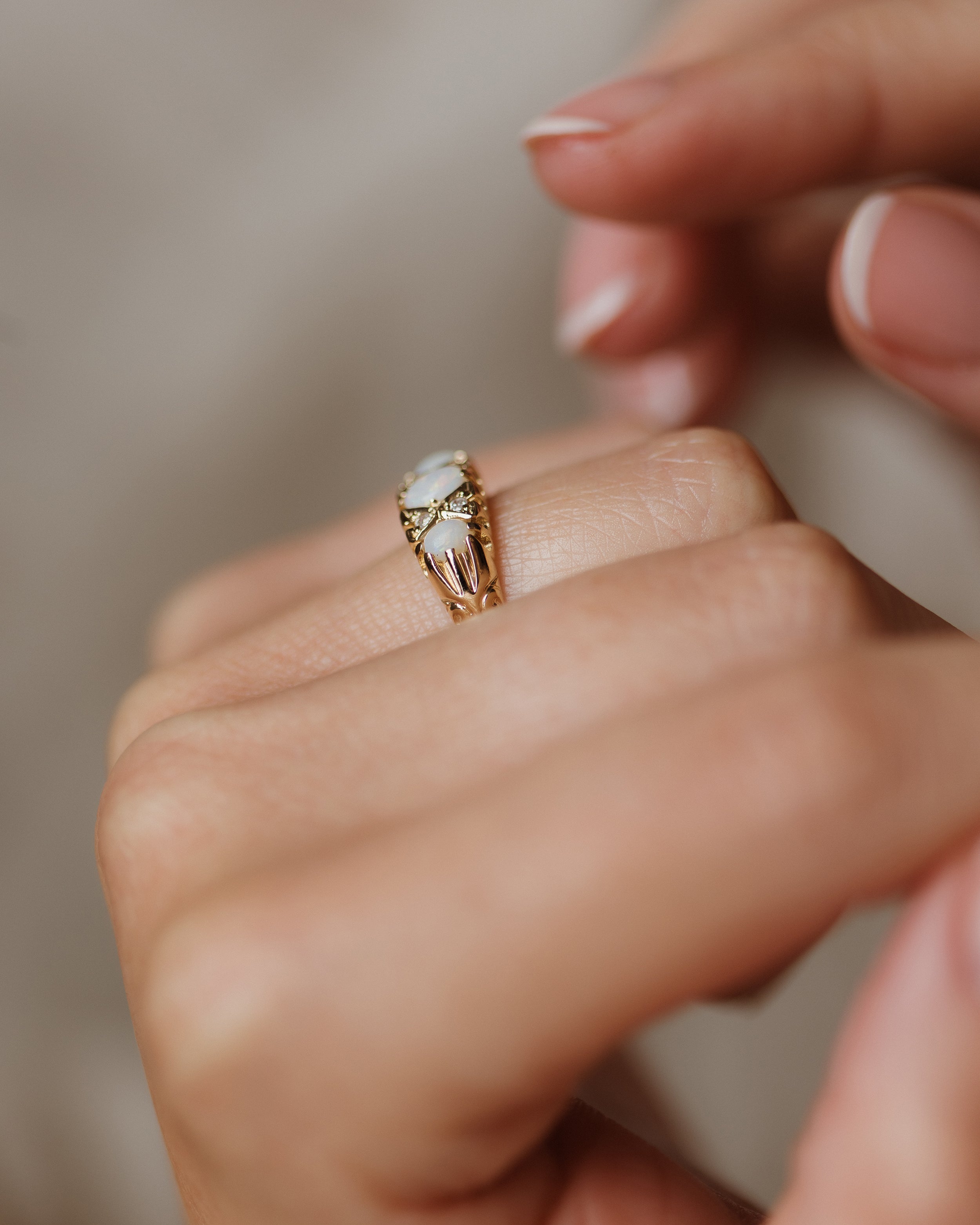 Jacqueline 1993 Vintage 9ct Gold Opal & Diamond Seven Stone Ring
