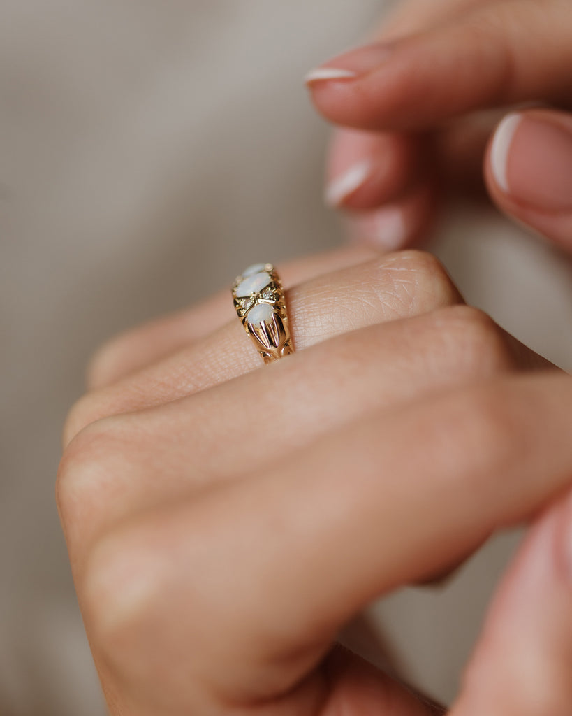 Jacqueline 1993 Vintage 9ct Gold Opal & Diamond Seven Stone Ring