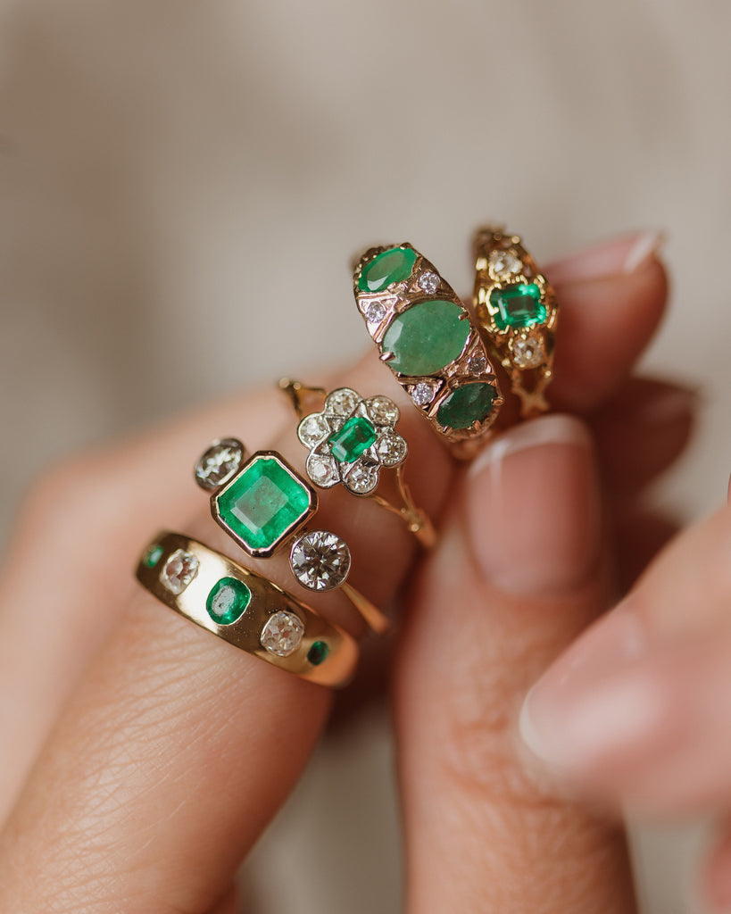 Edith Vintage 18ct Gold Emerald & Diamond Trilogy Ring