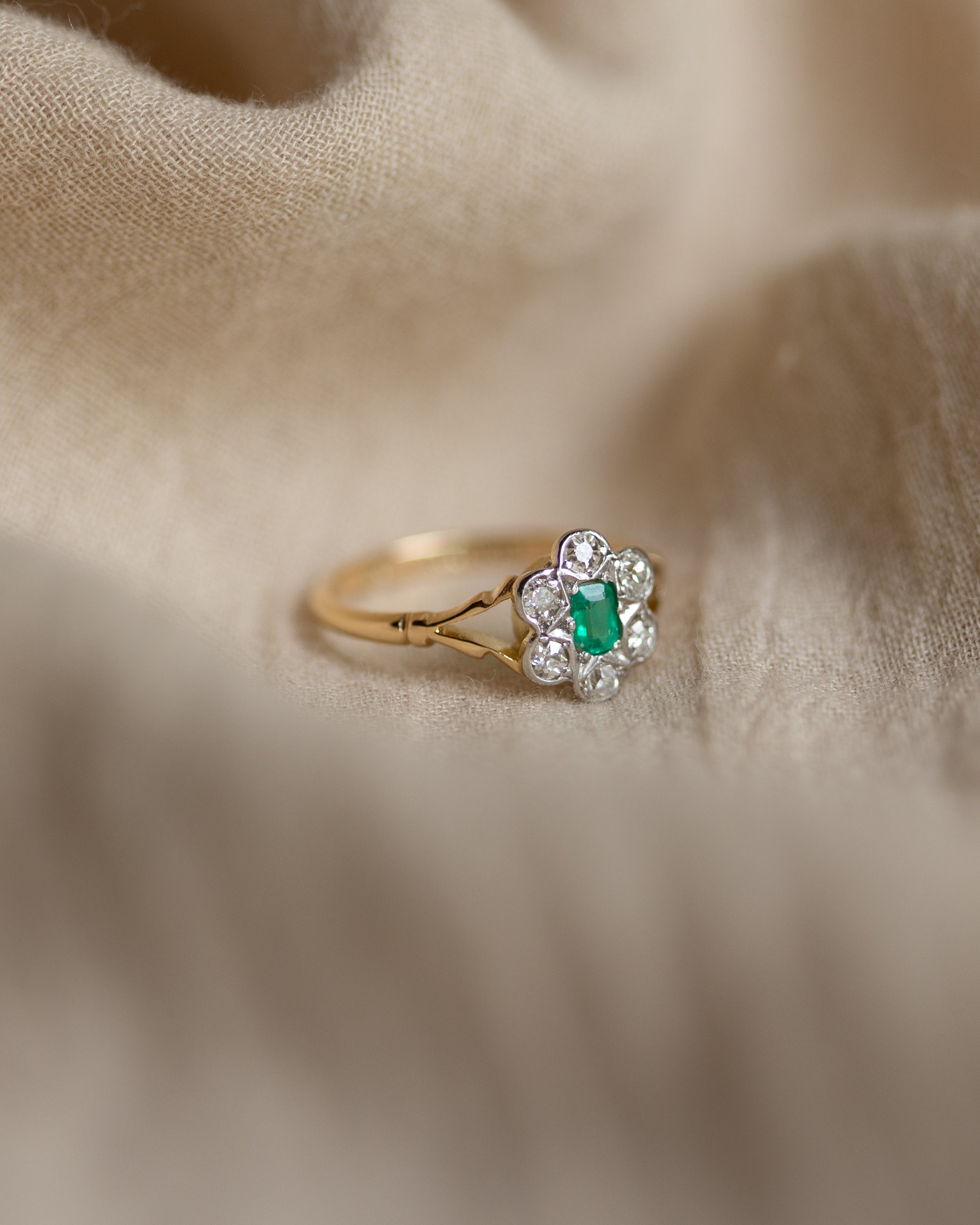 Eleanor Antique 14ct Gold Emerald & Diamond Cluster Ring