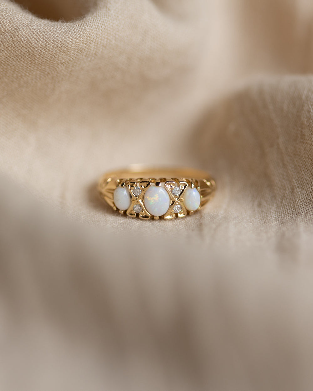 Jacqueline 1993 Vintage 9ct Gold Opal & Diamond Seven Stone Ring