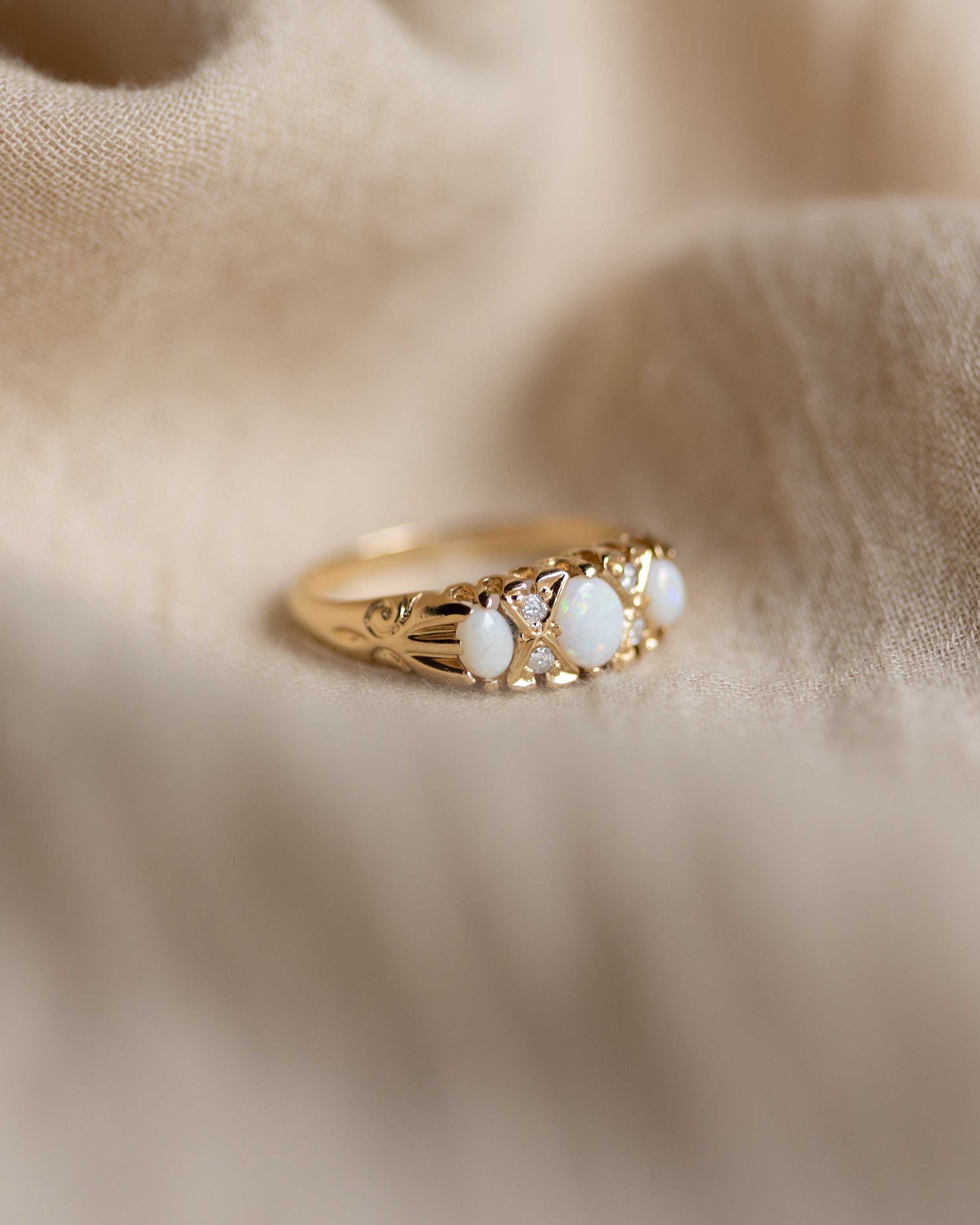 Jacqueline 1993 Vintage 9ct Gold Opal & Diamond Seven Stone Ring