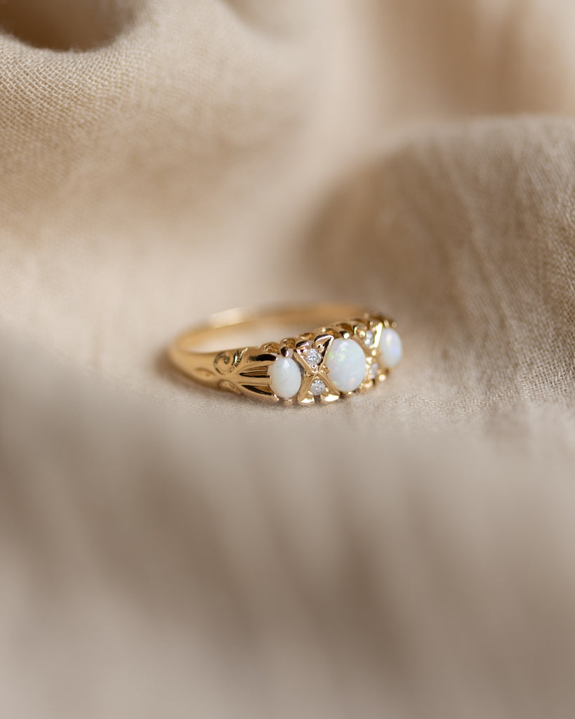 Jacqueline 1993 Vintage 9ct Gold Opal & Diamond Seven Stone Ring