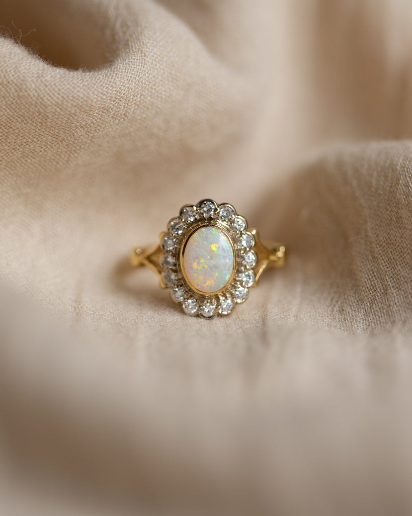 Charlotte 1994 Vintage 18ct Gold Opal & Diamond Cluster Ring