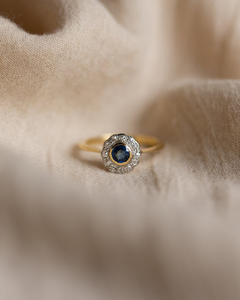 Olive Antique Art Deco 18ct Gold Sapphire & Diamond Cluster Ring