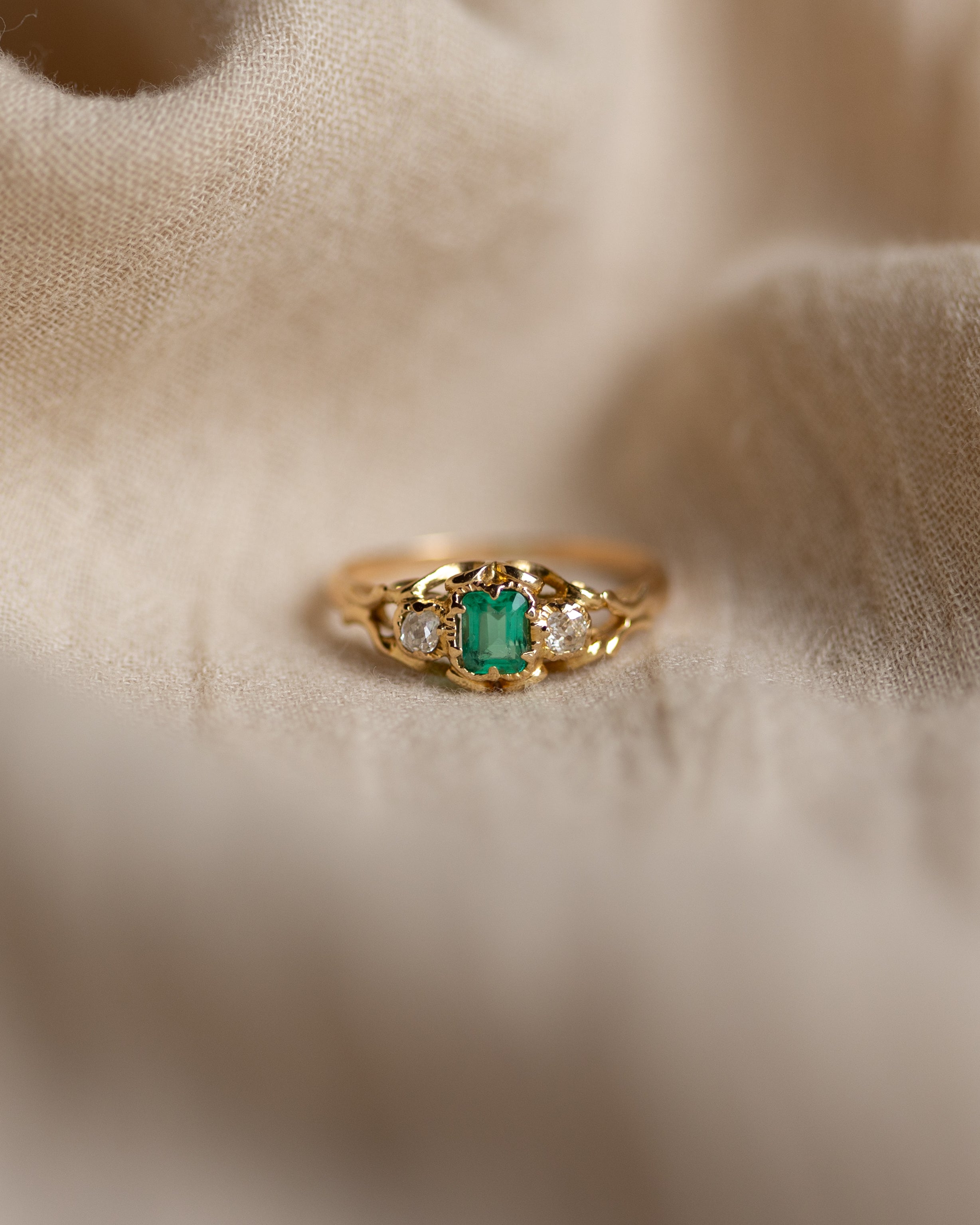 Image of Odette Antique Victorian 18ct Gold Emerald & Diamond Trilogy Ring
