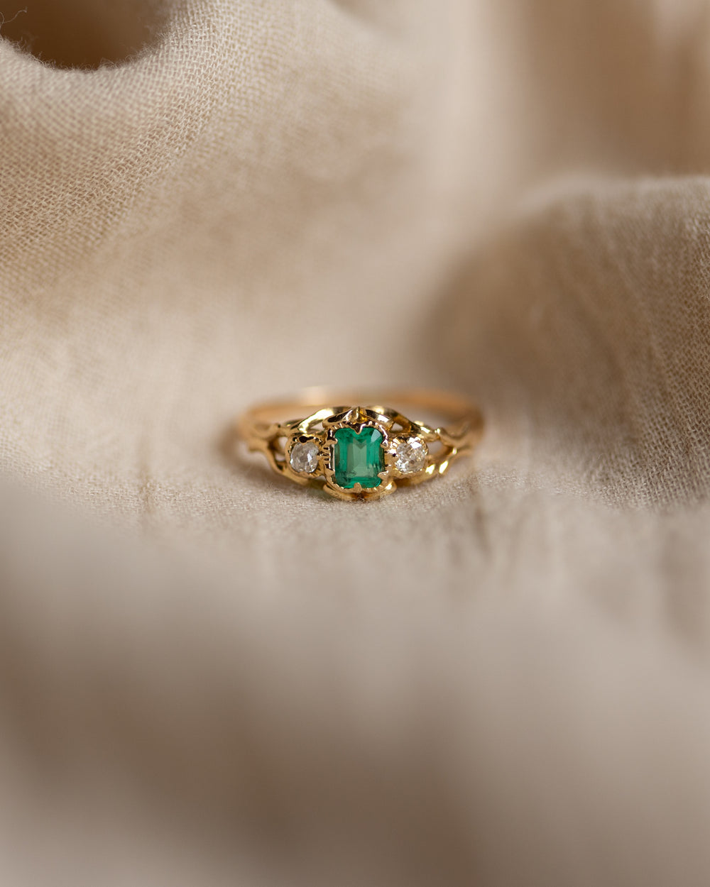 Odette Antique Victorian 18ct Gold Emerald & Diamond Trilogy Ring